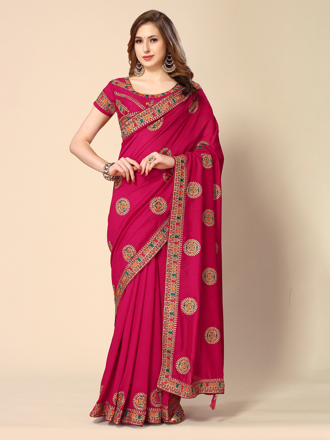 

all about you Ethnic Motifs Embroidered Saree, Pink