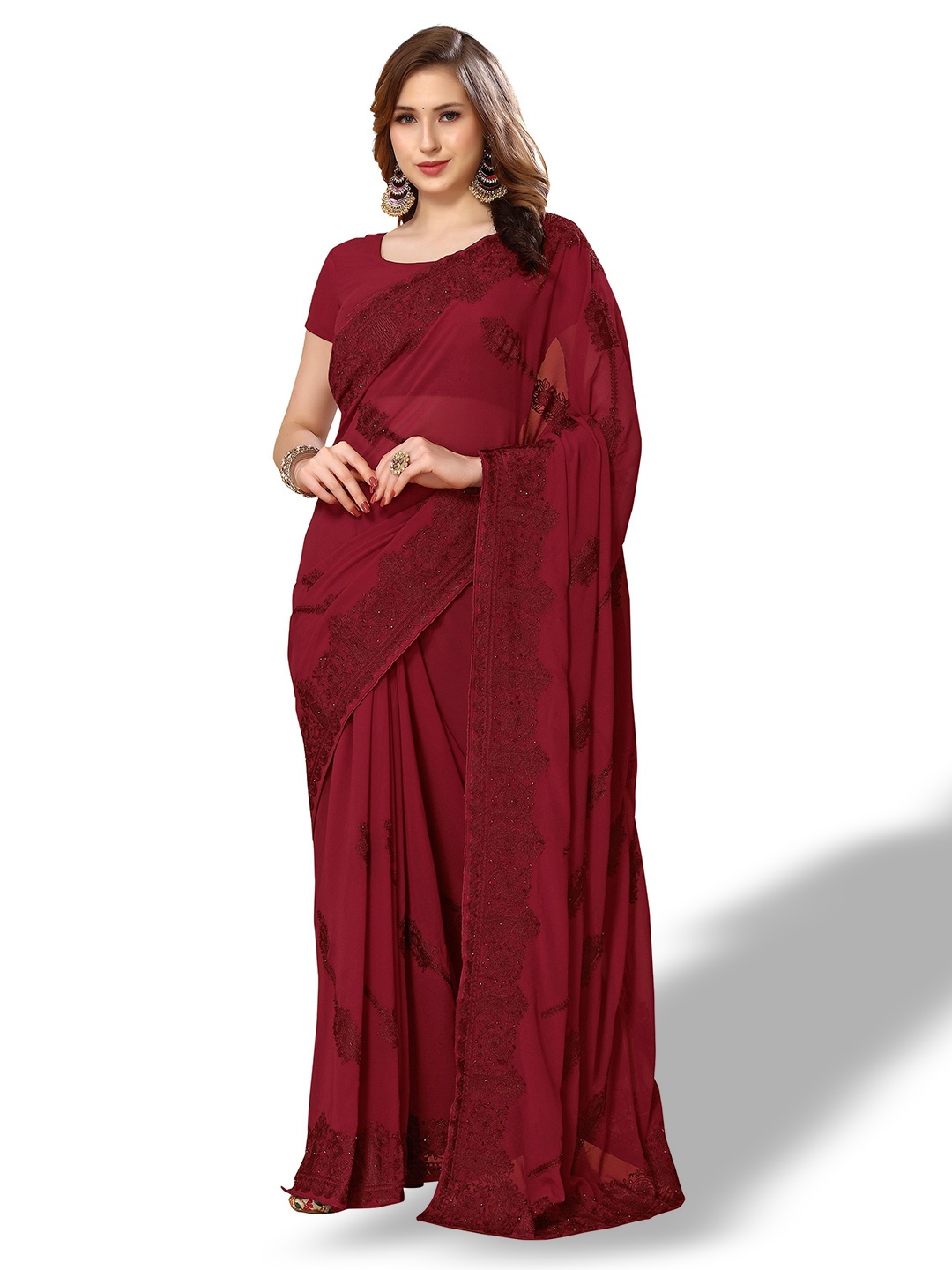 

Mitera Ethnic Motifs Embroidered Pure Georgette Saree, Maroon