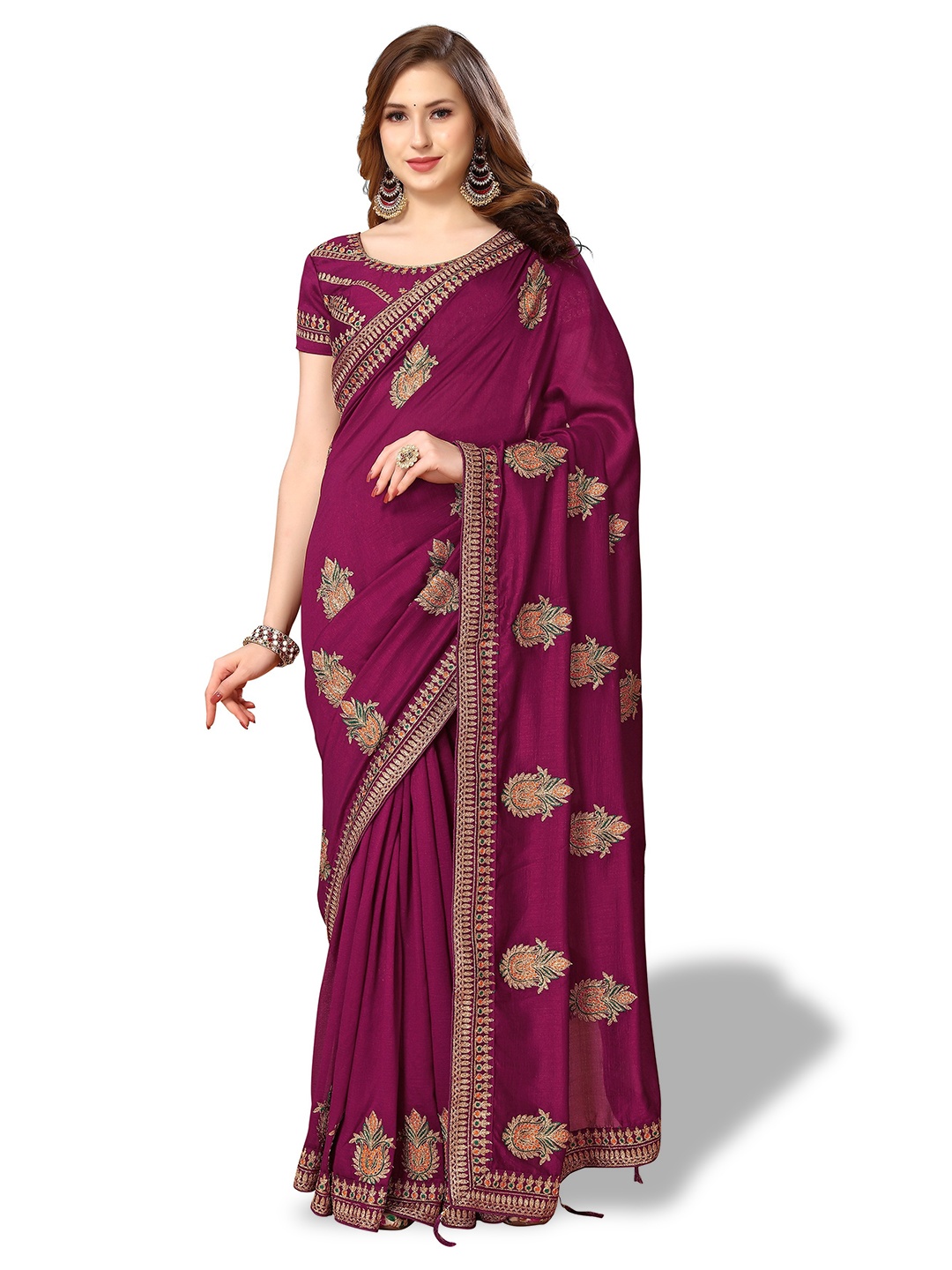 

Nimayaa Ethnic Motifs Embroidered Chinon Saree, Purple
