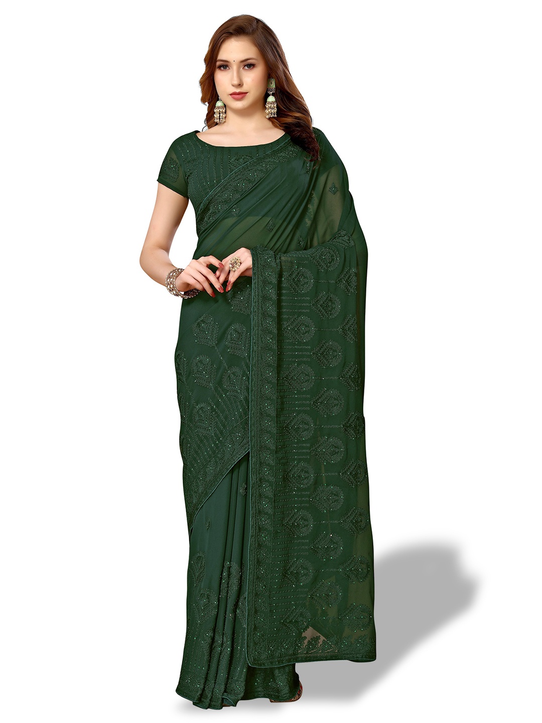 

Nimayaa Ethnic Motifs Embroidered Pure Georgette Saree With Blouse Piece, Green