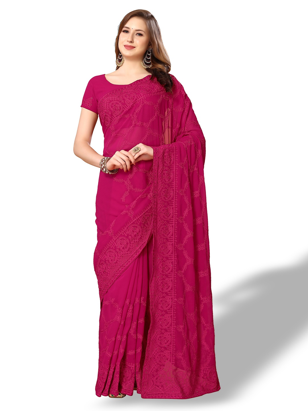 

Nimayaa Ethnic Motifs Embroidered Pure Georgette Saree, Pink