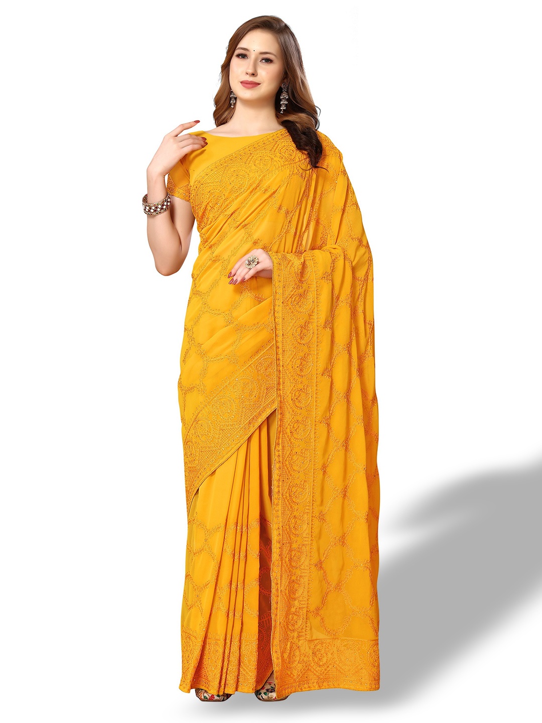 

Nimayaa Ethnic Motifs Embroidered Stone Work Saree, Mustard