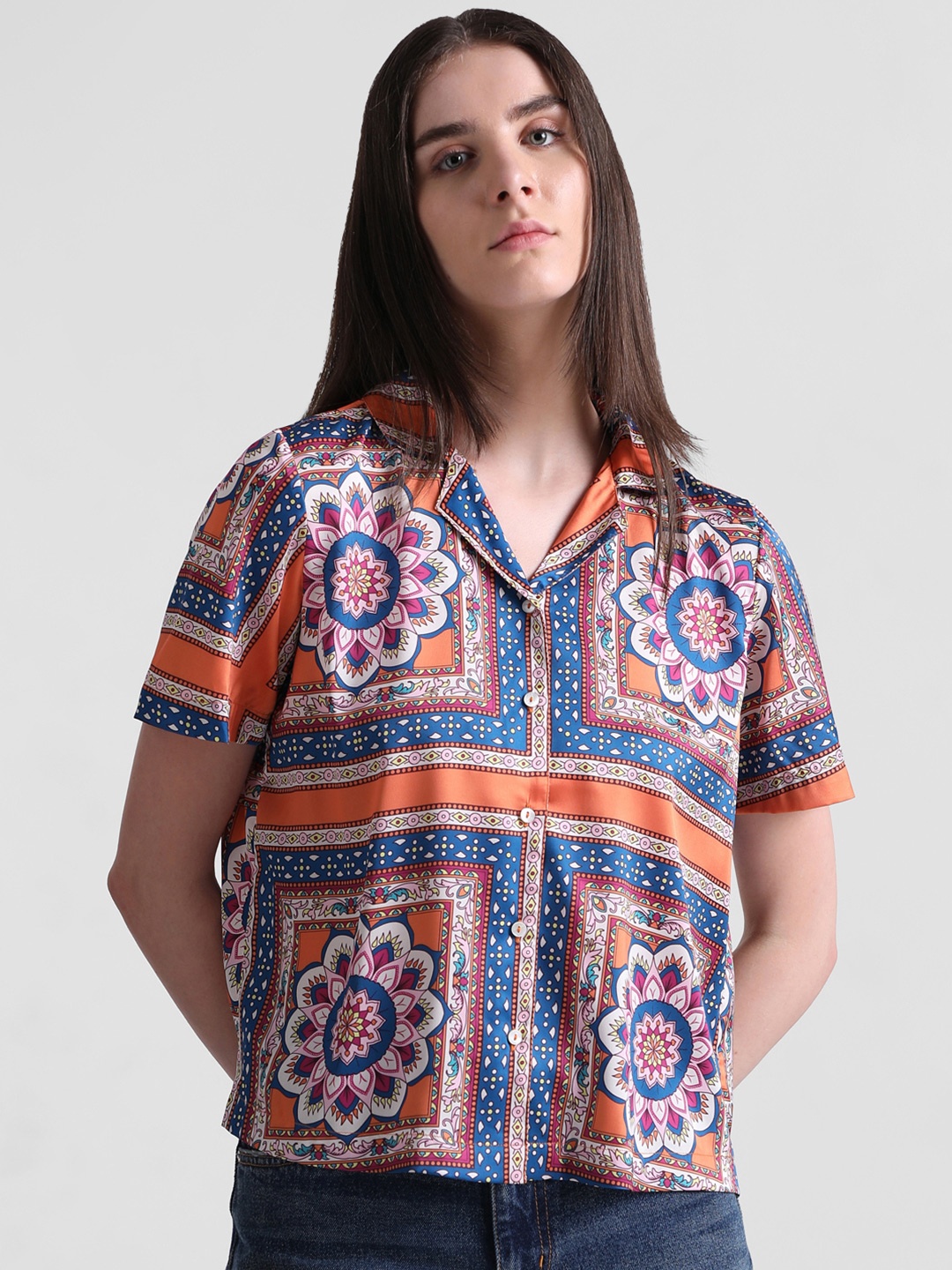 

ONLY Ethnic Motifs Printed Casual Shirt, Orange