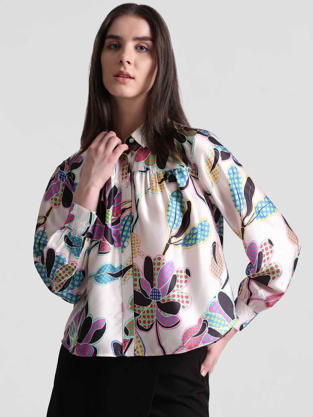 

ONLY Floral Printed Gathered Casual Shirt, Pink