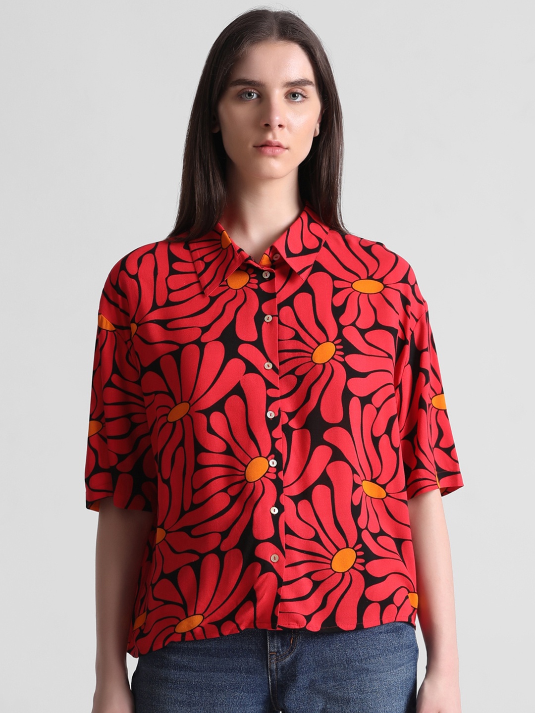 ONLY Floral Printed Drop-Shoulder Sleeves Crop Casual Shirt, Red