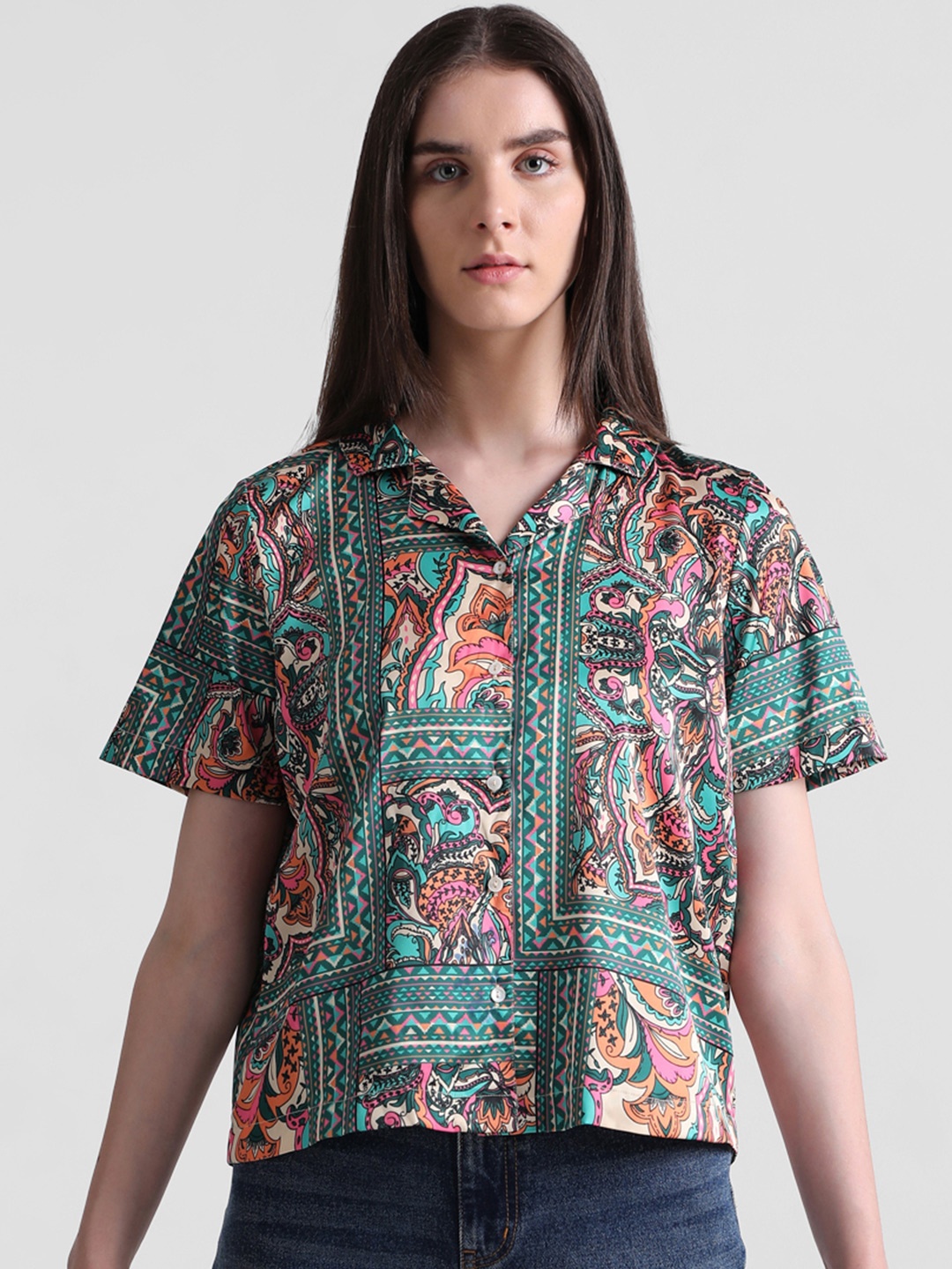 ONLY Ethnic Motifs Printed Spread Collar Crop Casual Shirt, Green