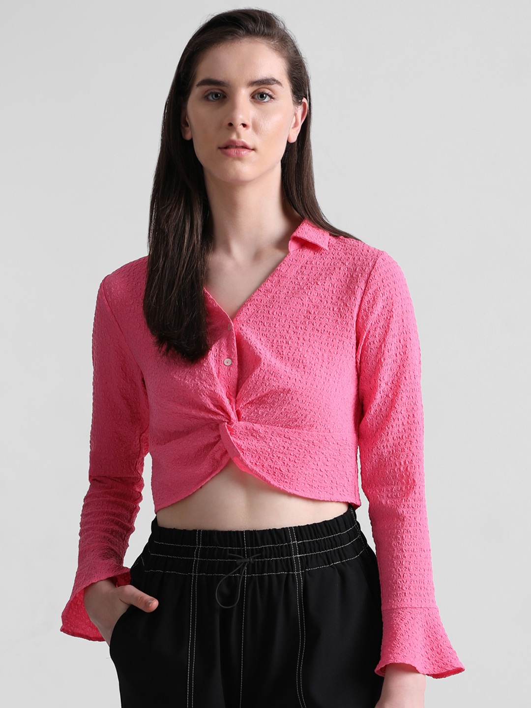 

ONLY Self Design Bell Sleeves Twisted Crop Shirt Style Top, Pink