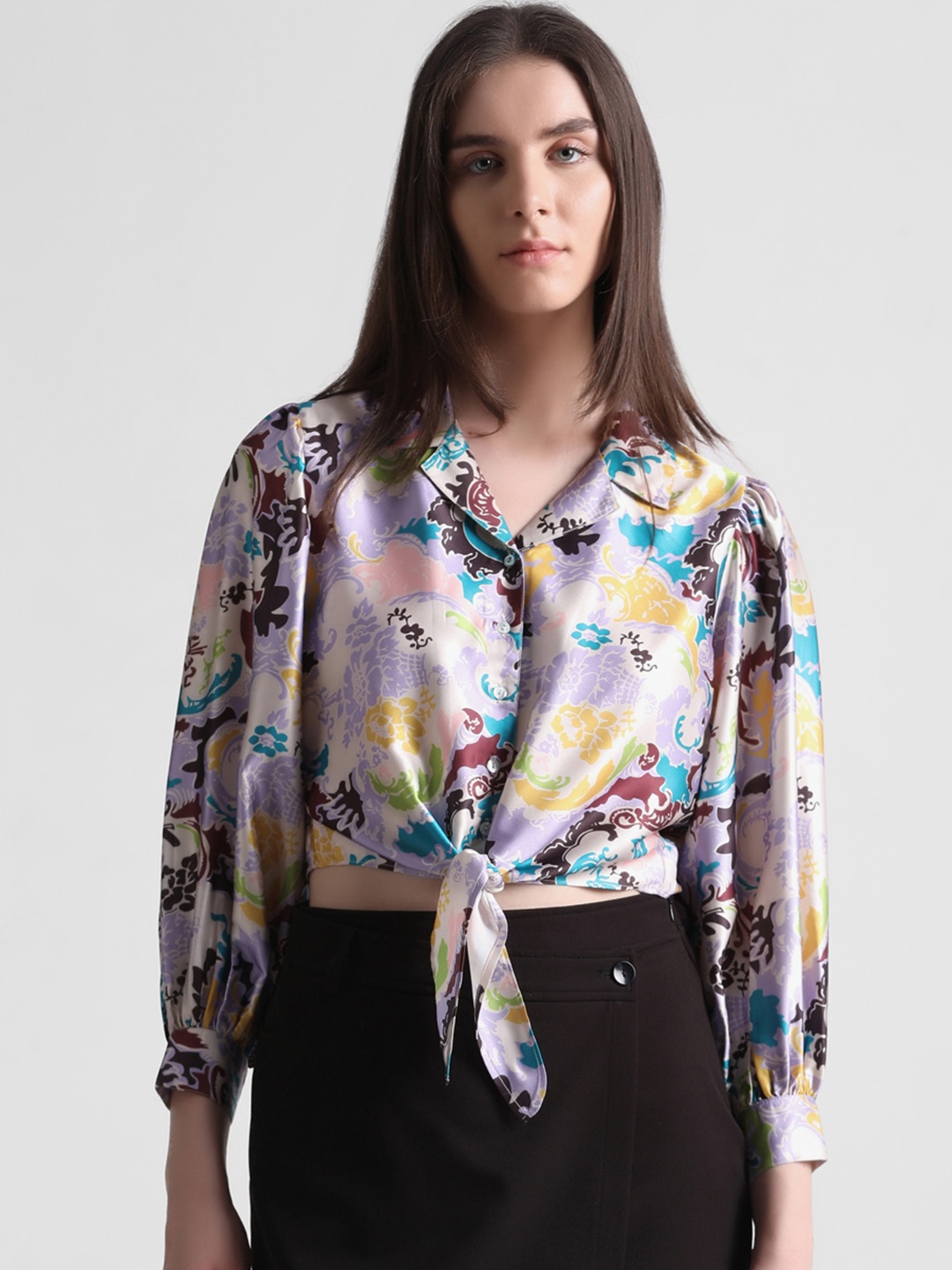 

ONLY Abstract Printed Tie-Up Detail Crop Casual Shirt, Lavender