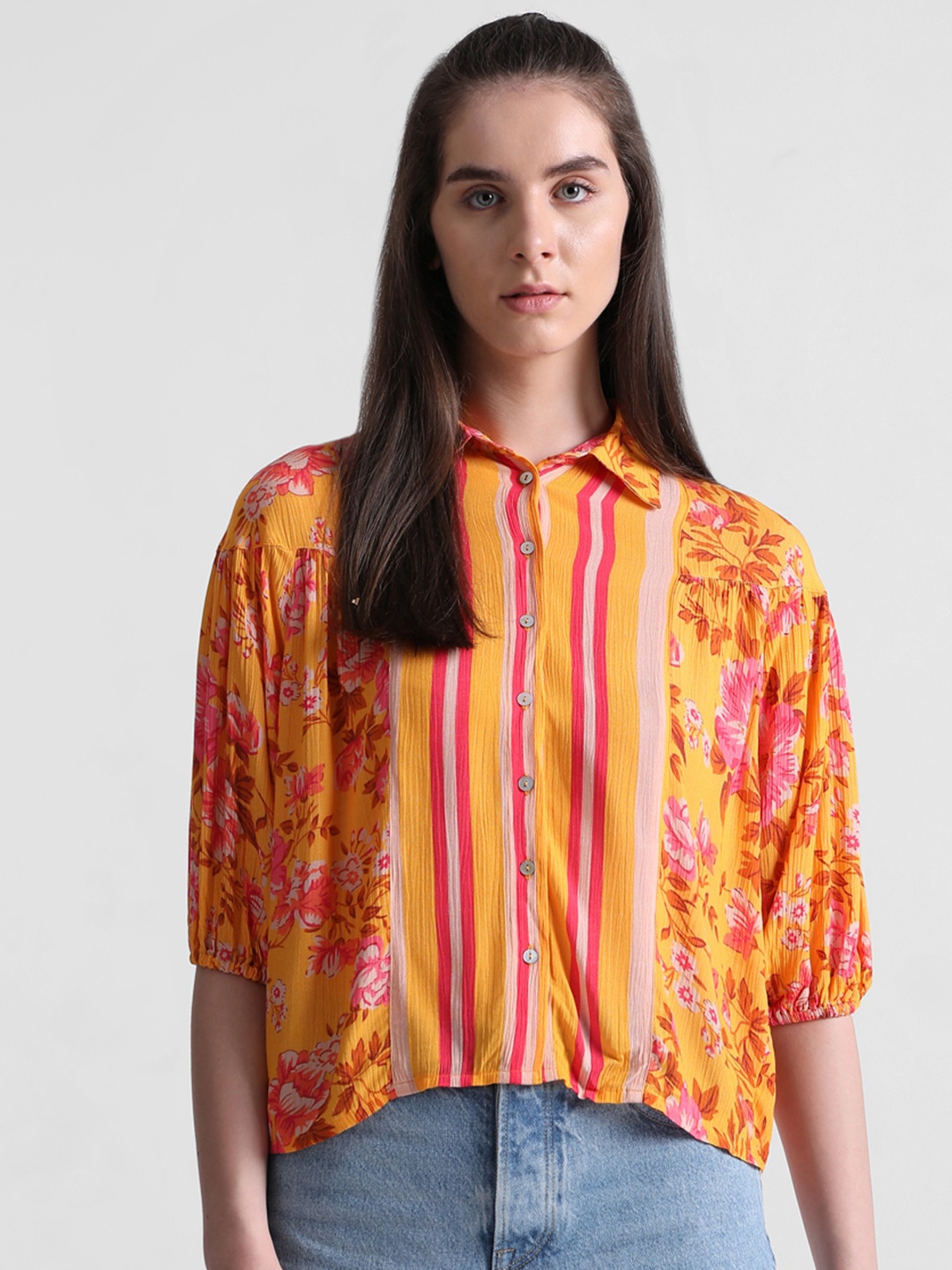 

ONLY Floral Printed Puff Sleeves Gathered Spread Collar Casual Shirt, Yellow