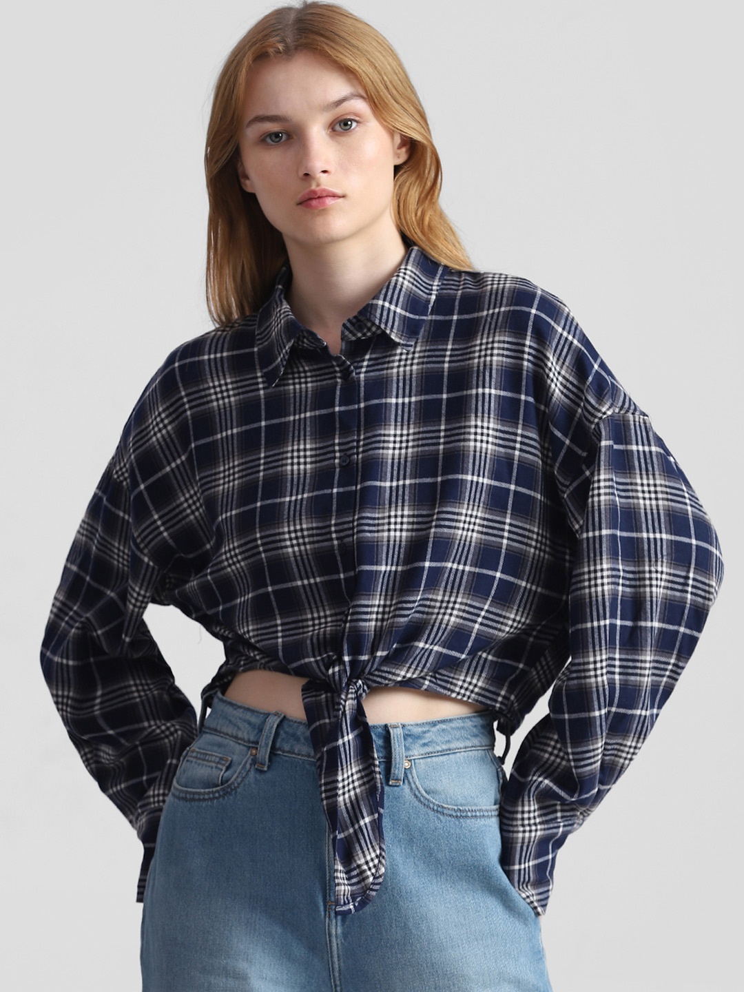 

ONLY Boxy Tartan Checked Crop Casual Shirt, Navy blue