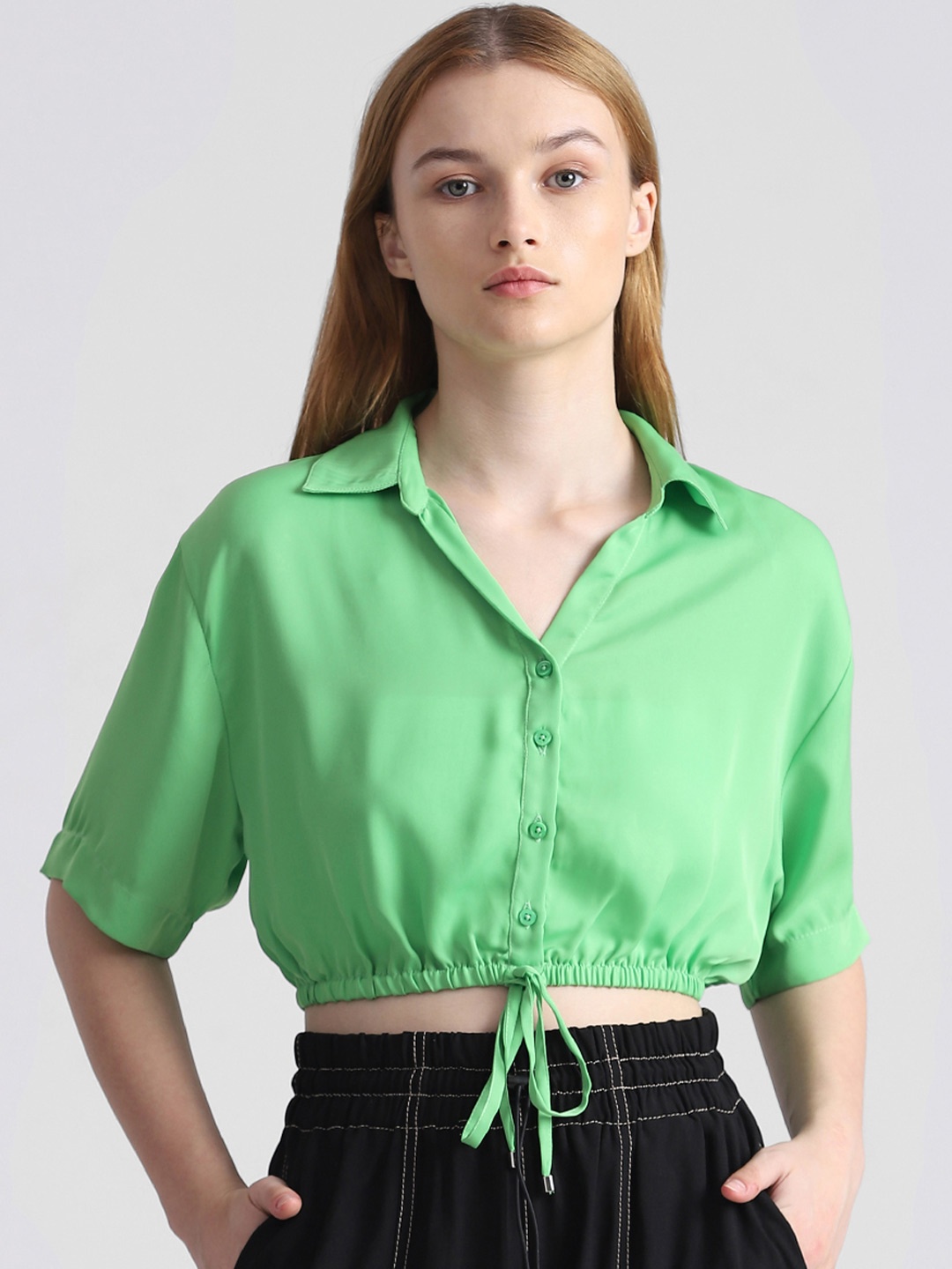 ONLY Onliran Ss Shirt Collar Waist Tie Up Shirt Style Top, Green