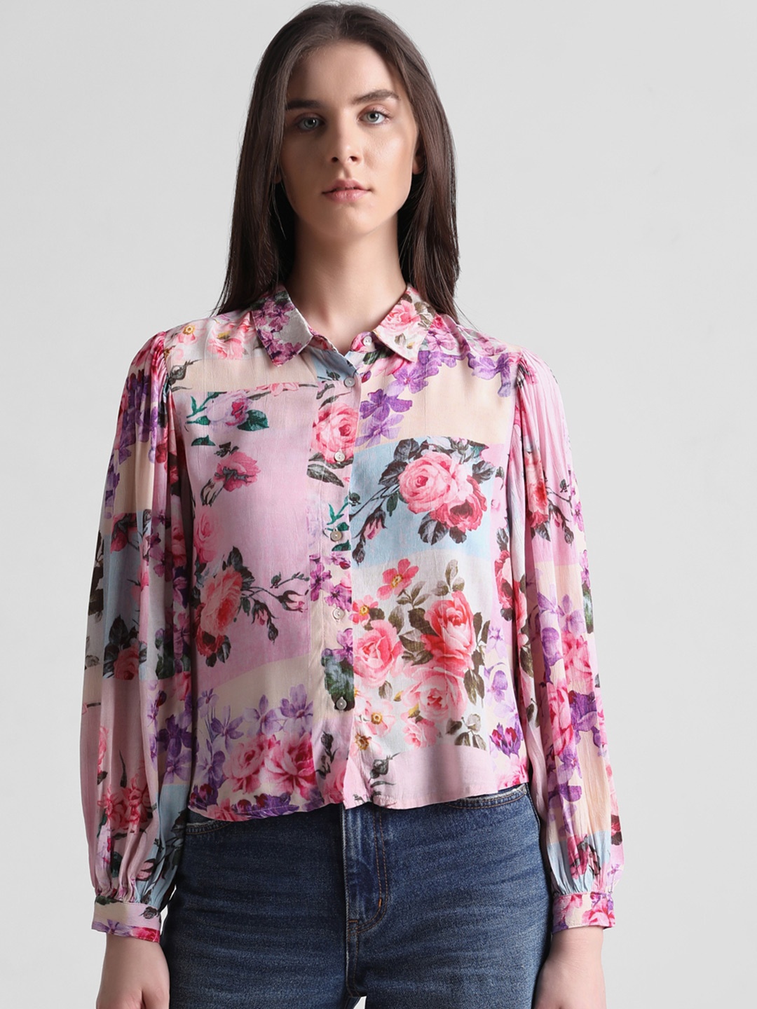 

ONLY Floral Printed Puff Sleeves Casual Shirt, Pink