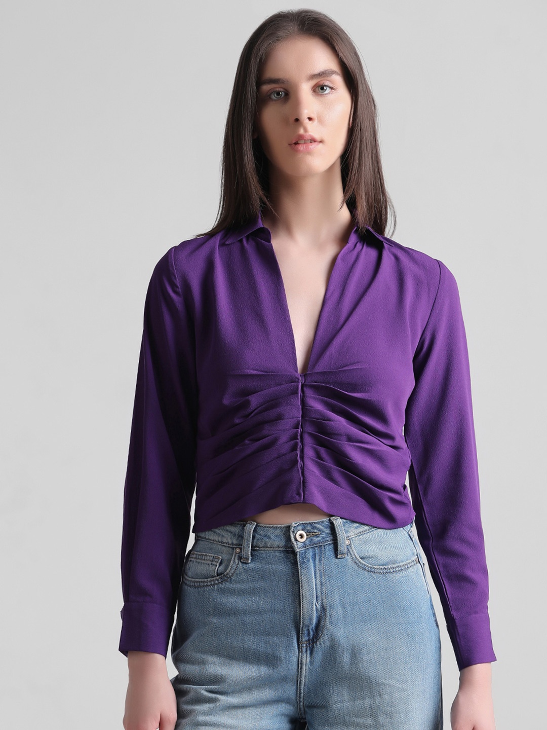 

ONLY ONLLEGACY Regular Fit Ruched Shirt Collar Crop Gathered Top, Purple