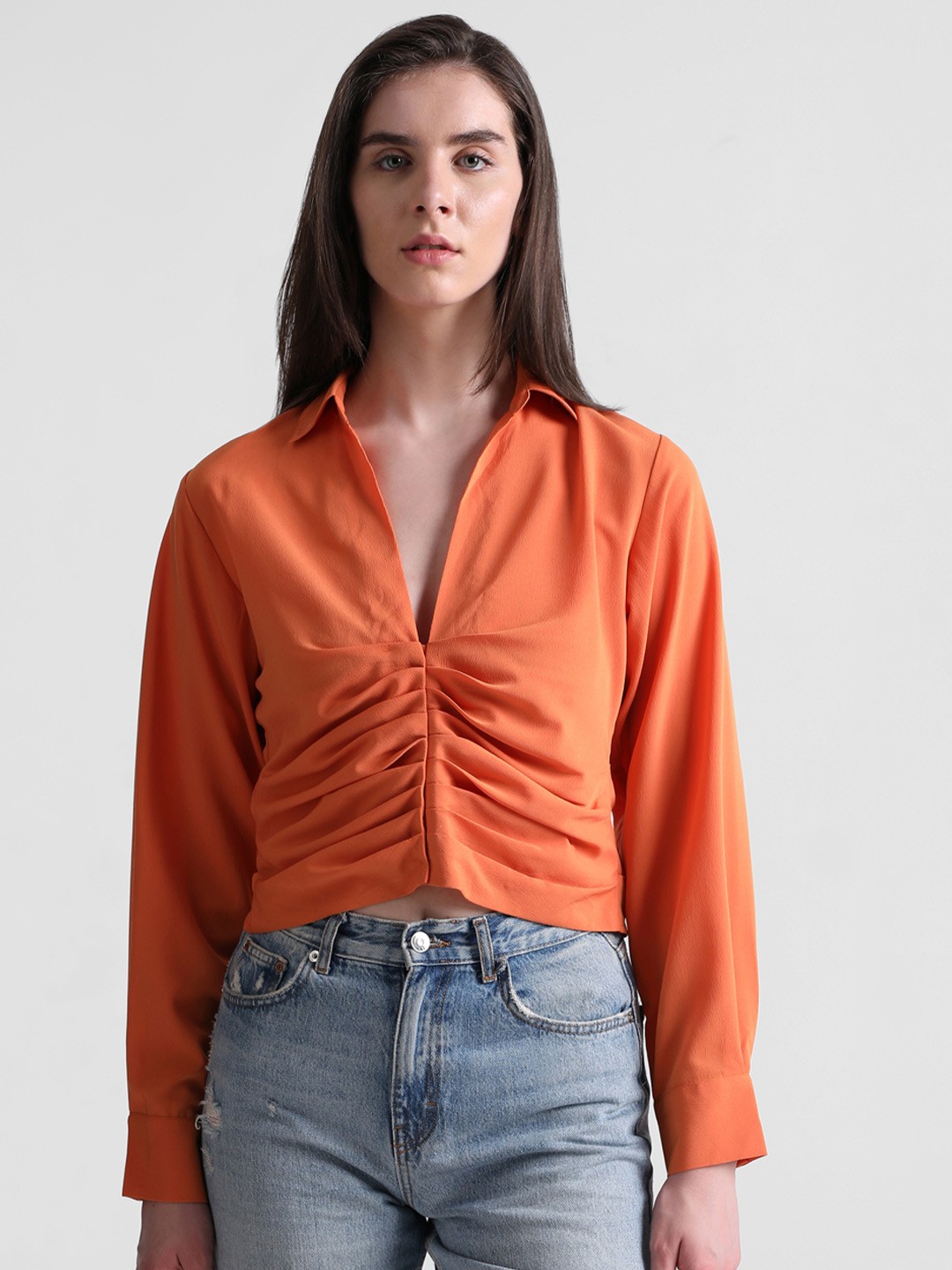 

ONLY Shirt Collar Ruched Detail Shirt Style Top, Orange