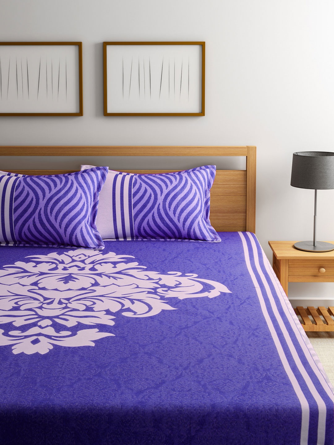 

ROMEE Blue Polycotton Floral Print Reversible Double Bed Cover with 2 Pillow Covers