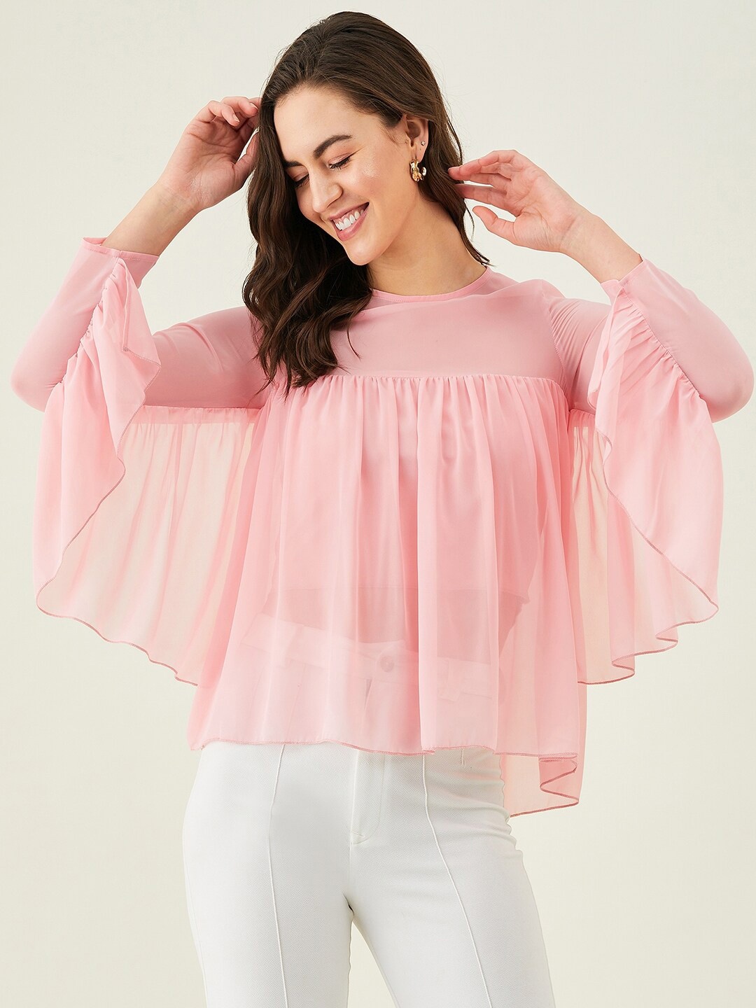 

Modeve Flared Sleeves Gathered A-Line Top, Pink
