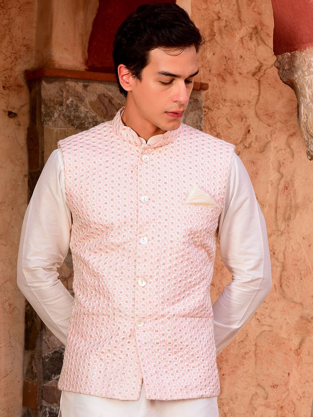 

HOUSE OF DEYANN Embroidered Mandarin Collar Nehru Jackets, Pink