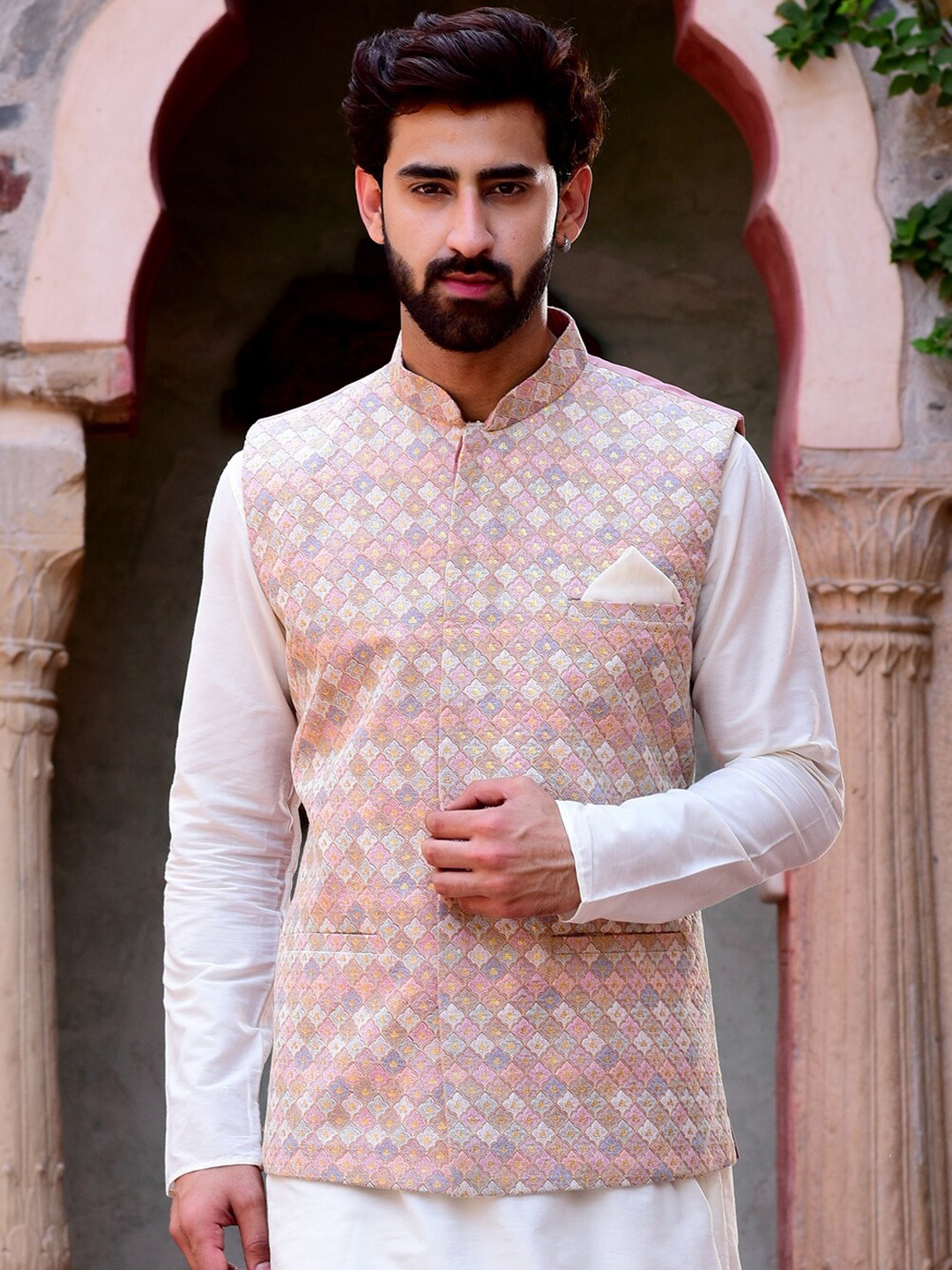 

HOUSE OF DEYANN Embellished Mandarin Collar Nehru Jackets, Pink