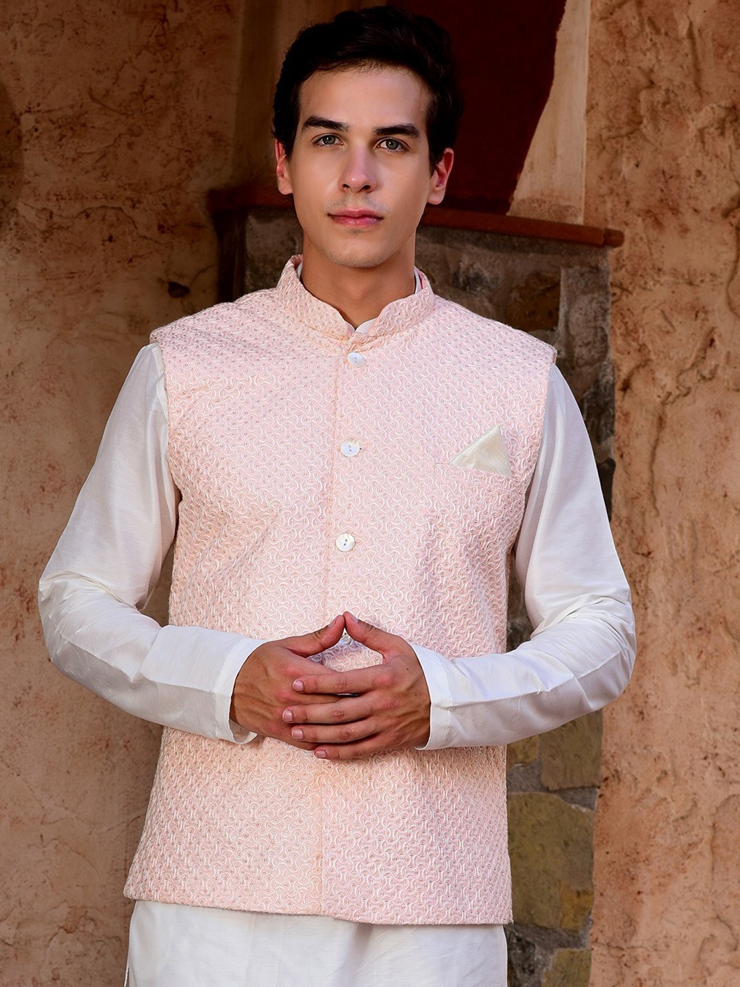 

HOUSE OF DEYANN Embroidered Mandarin Collar Nehru Jackets, Pink
