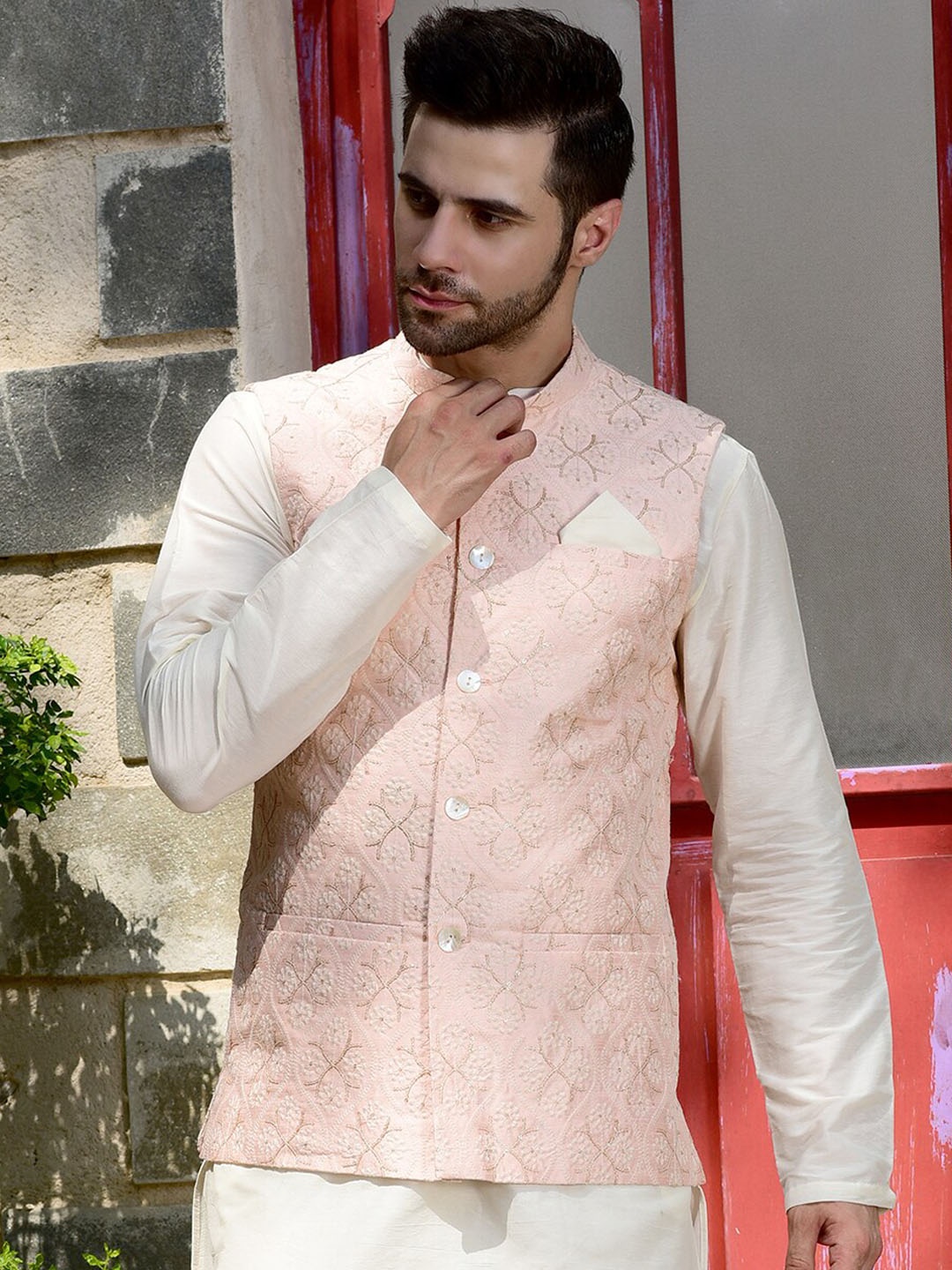 

HOUSE OF DEYANN Embroidered Mandarin Collar Nehru Jackets, Peach