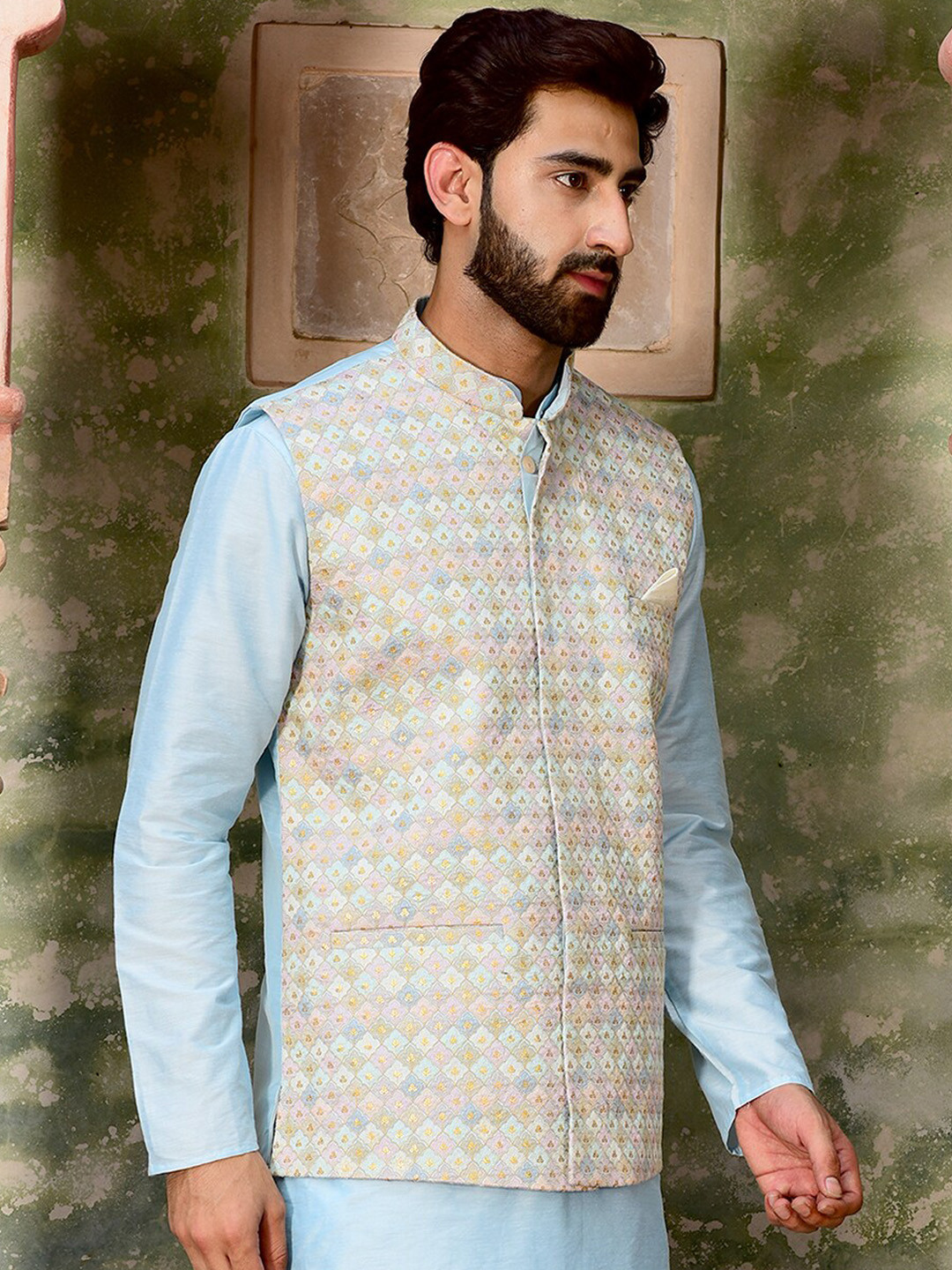 

HOUSE OF DEYANN Embroidered Mandarin Collar Nehru Jackets, Cream