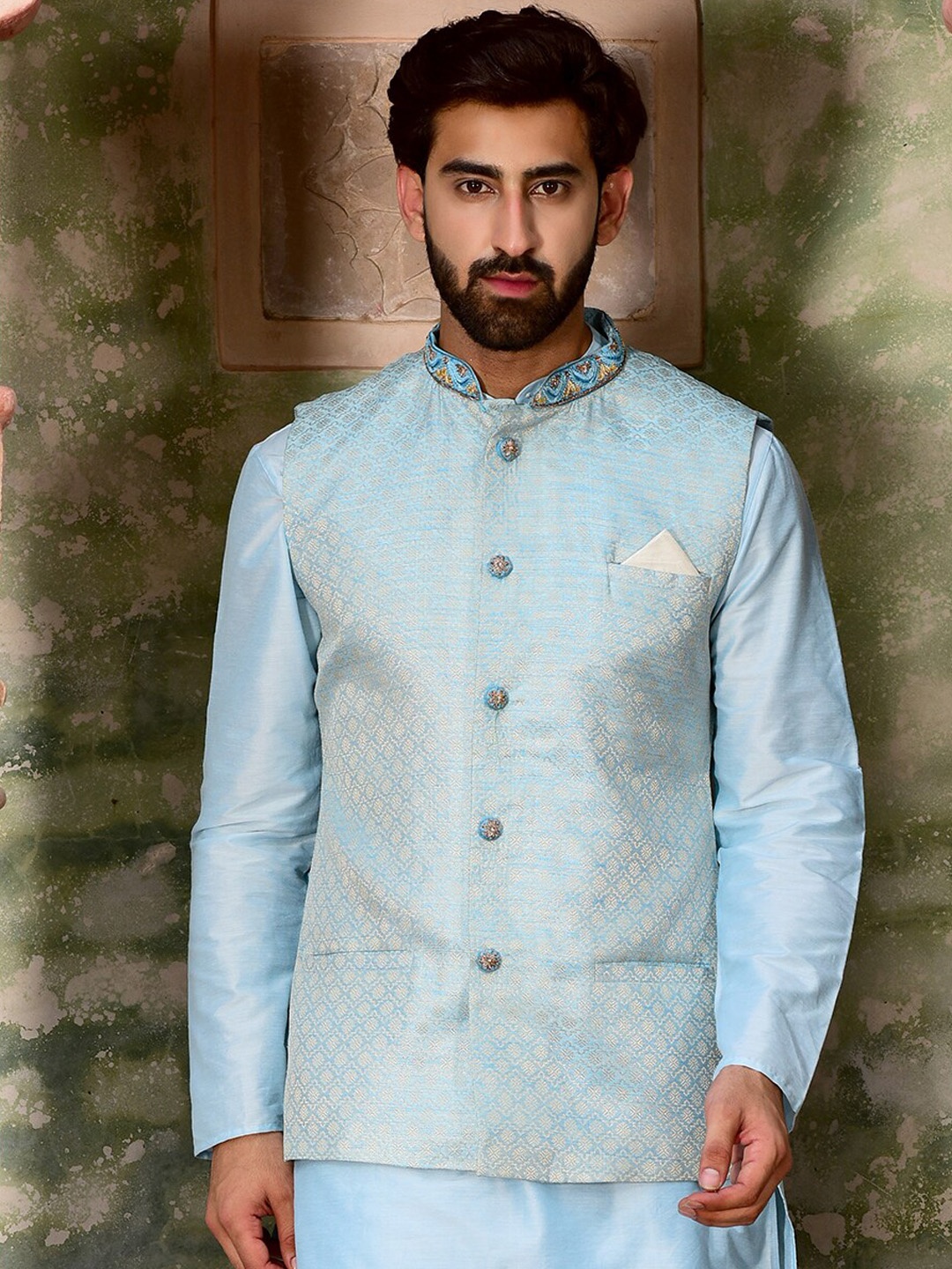 

HOUSE OF DEYANN Ethnic Motif Woven Design Mandarin Collar Nehru Jacket, Blue