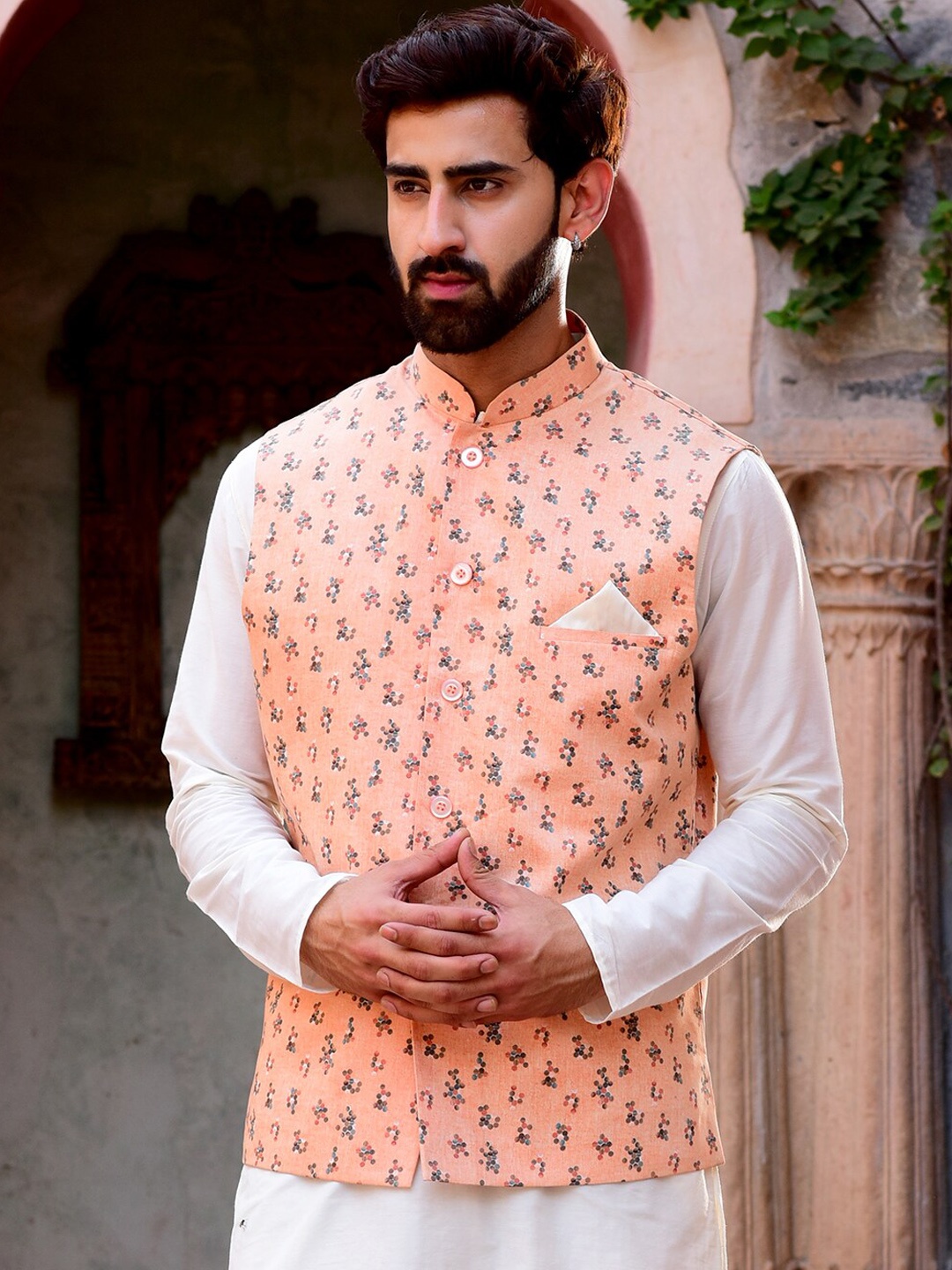

HOUSE OF DEYANN Printed Pure Cotton Mandarin Collar Nehru Jacket, Peach