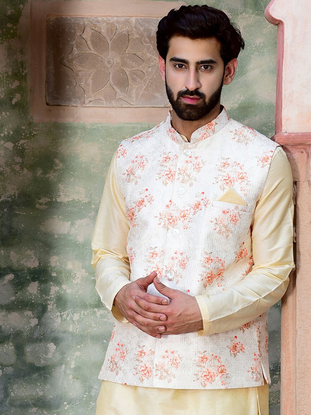 

HOUSE OF DEYANN Floral Printed Mandarin Collar Pure Silk Nehru Jacket, Off white