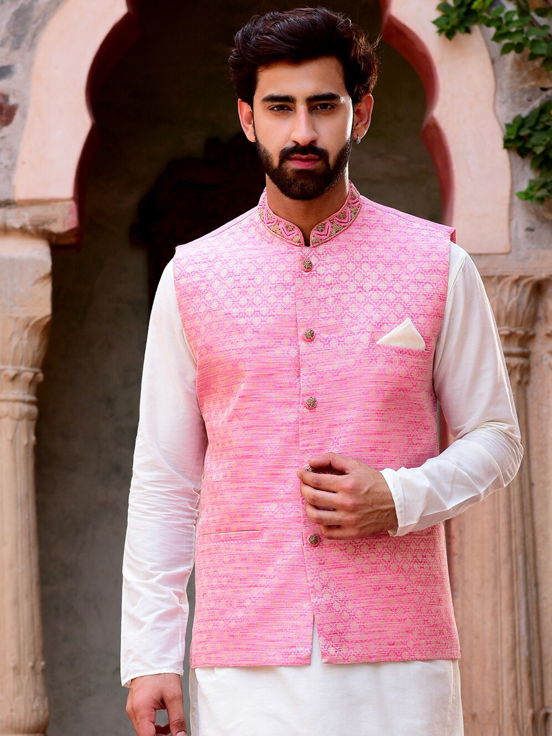 

HOUSE OF DEYANN Ethnic Motif Woven Design Mandarin Collar Nehru Jacket, Pink
