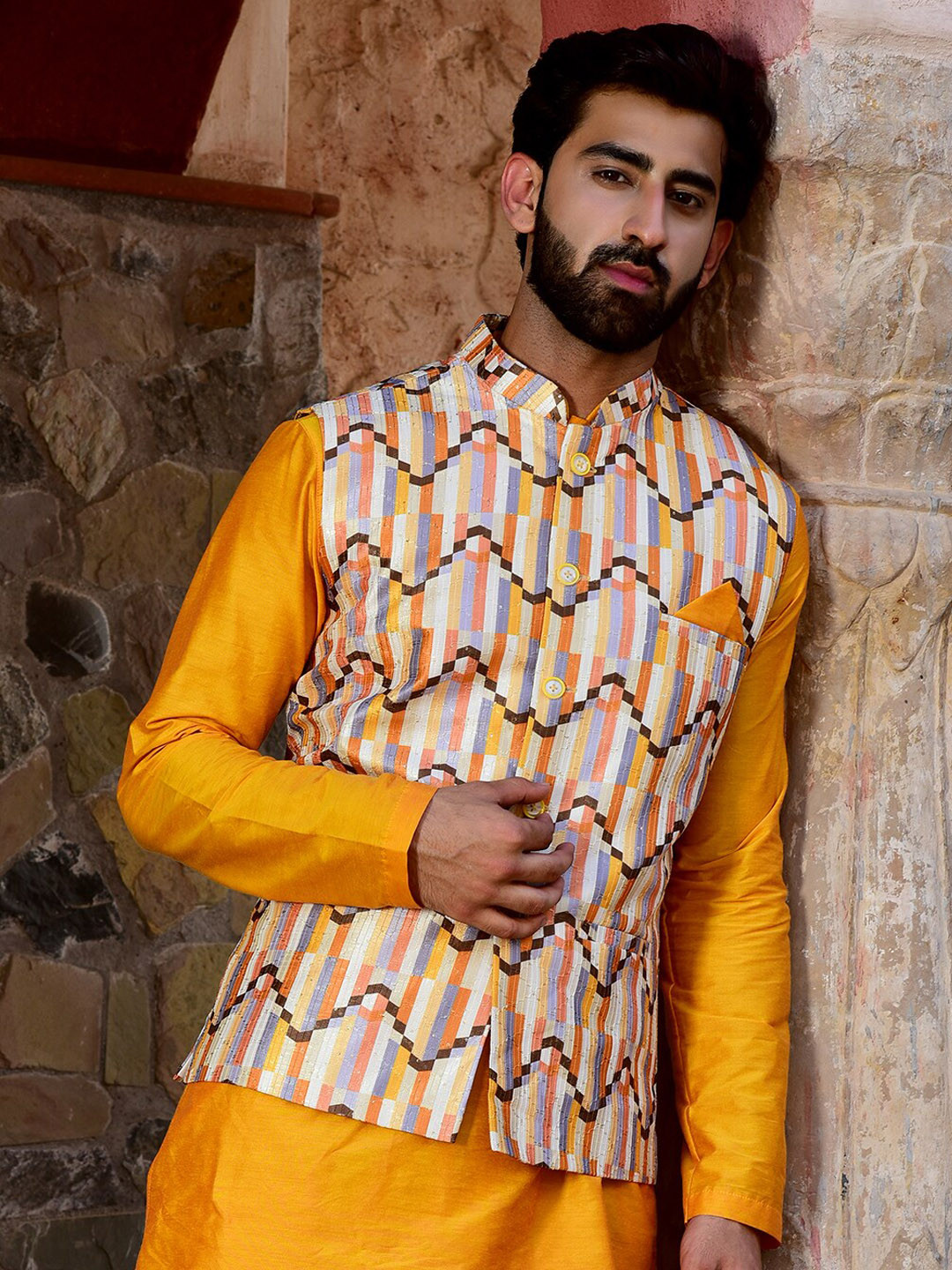 

HOUSE OF DEYANN Embroidered Nehru Jacket With Pocket Square, Orange