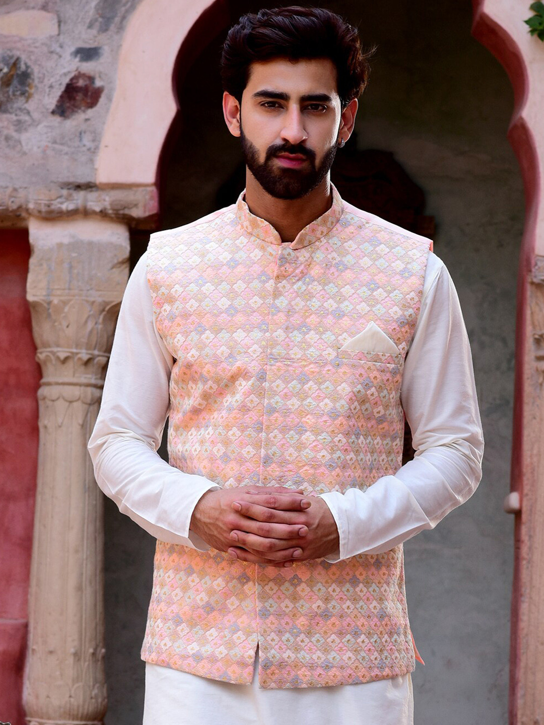 

HOUSE OF DEYANN Embroidered Silk Nehru Jacket With Pocket Square, Peach