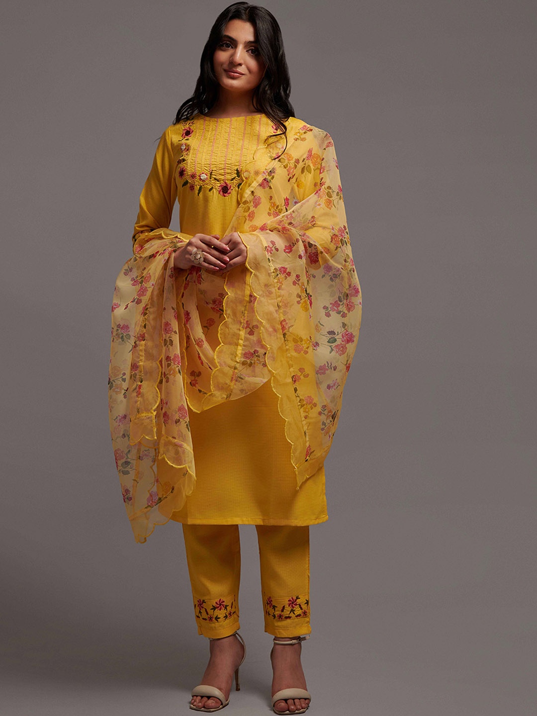 

Happy Design Floral Embroidered Straight Kurta with Trousers & Dupatta, Yellow