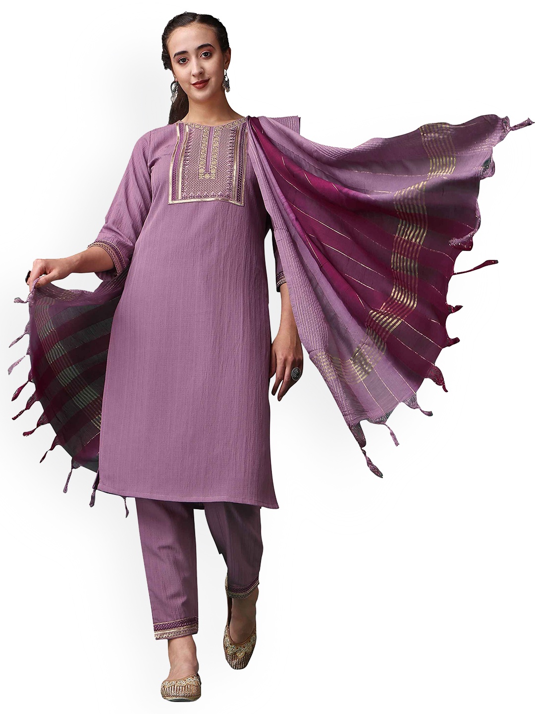 

Happy Design Embroidered Sequinned Straight Kurta with Trousers & Dupatta, Purple