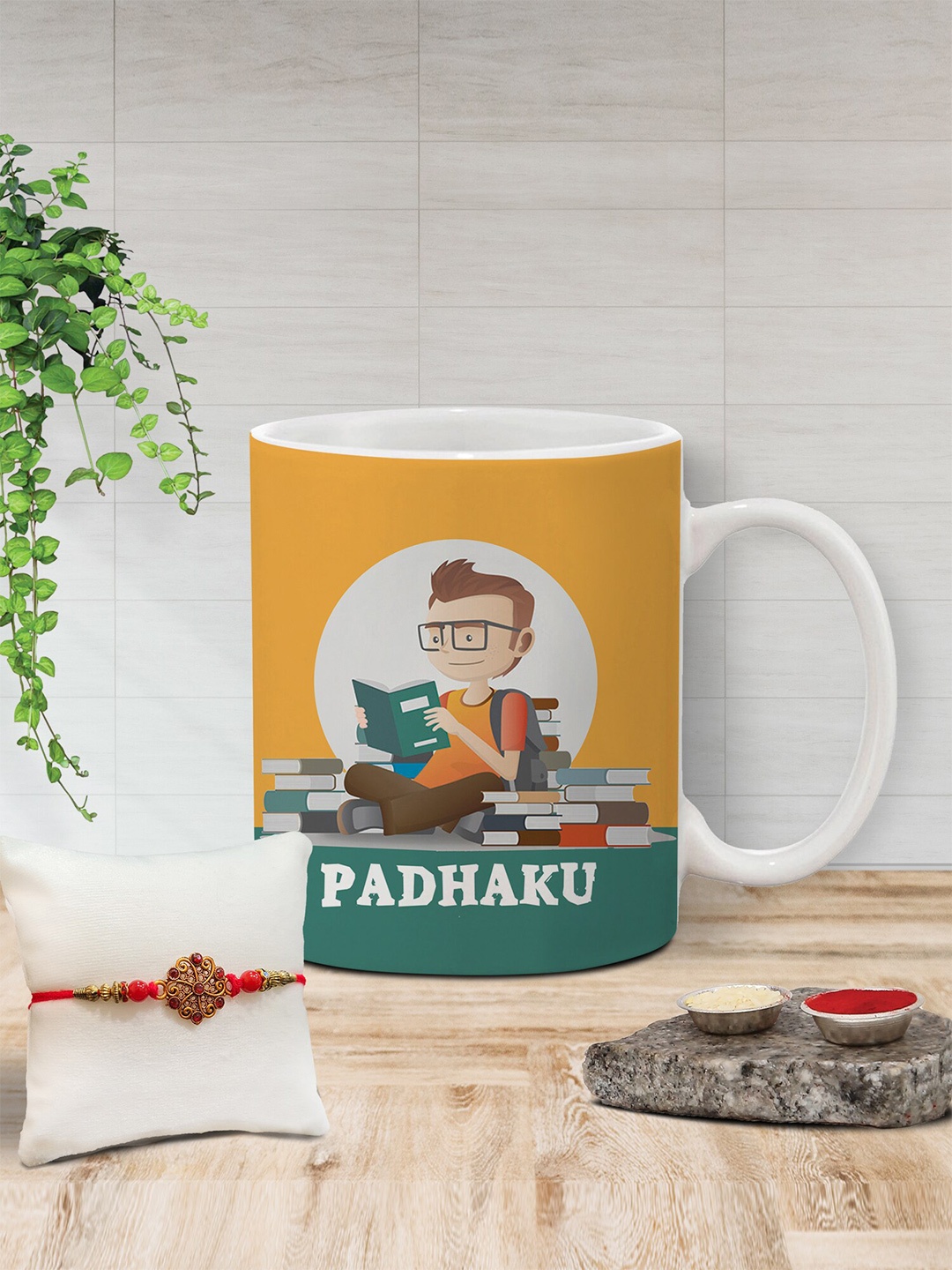 

The Purple Tree Unisex Beaded Rakhi With Printed Mug With Roli Rice, White