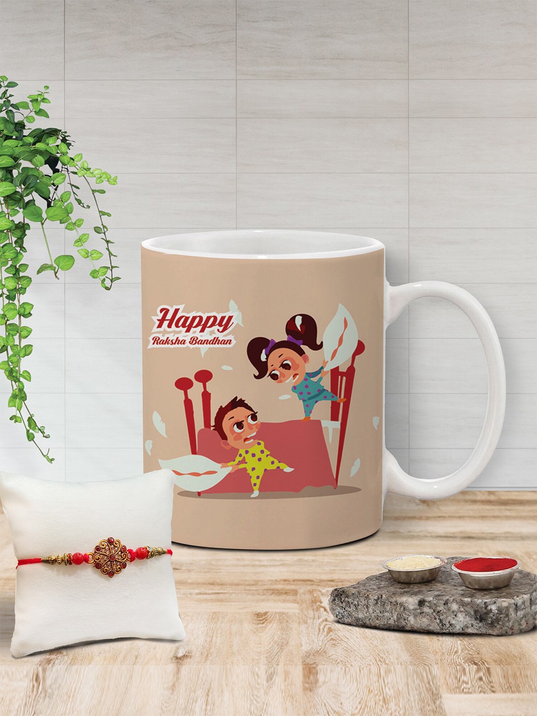 

The Purple Tree Unisex Beaded Rakhi With Printed Mug With Roli Rice, Beige