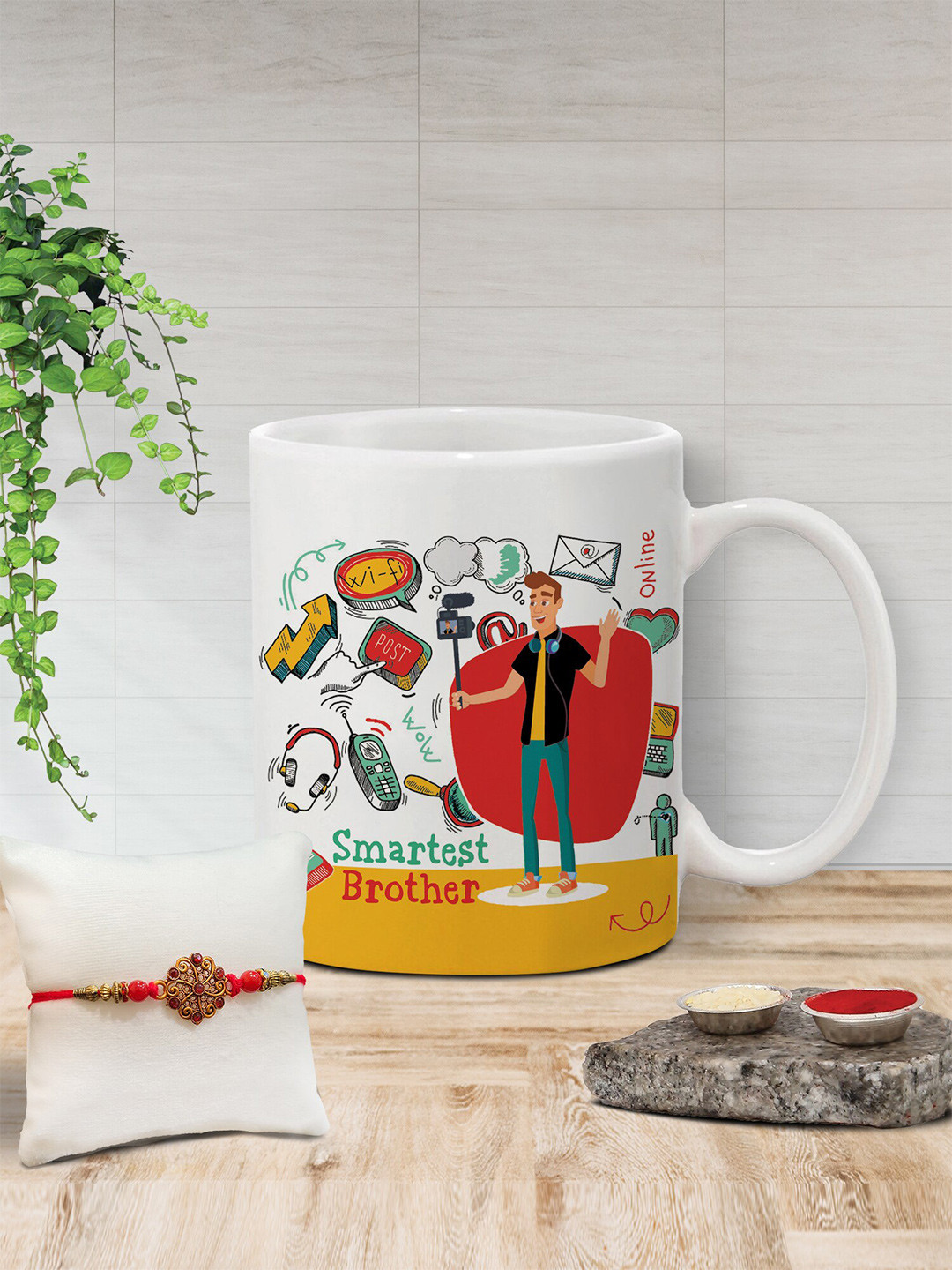 

The Purple Tree Unisex Beaded Rakhi With Printed Mug With Roli Rice, Red