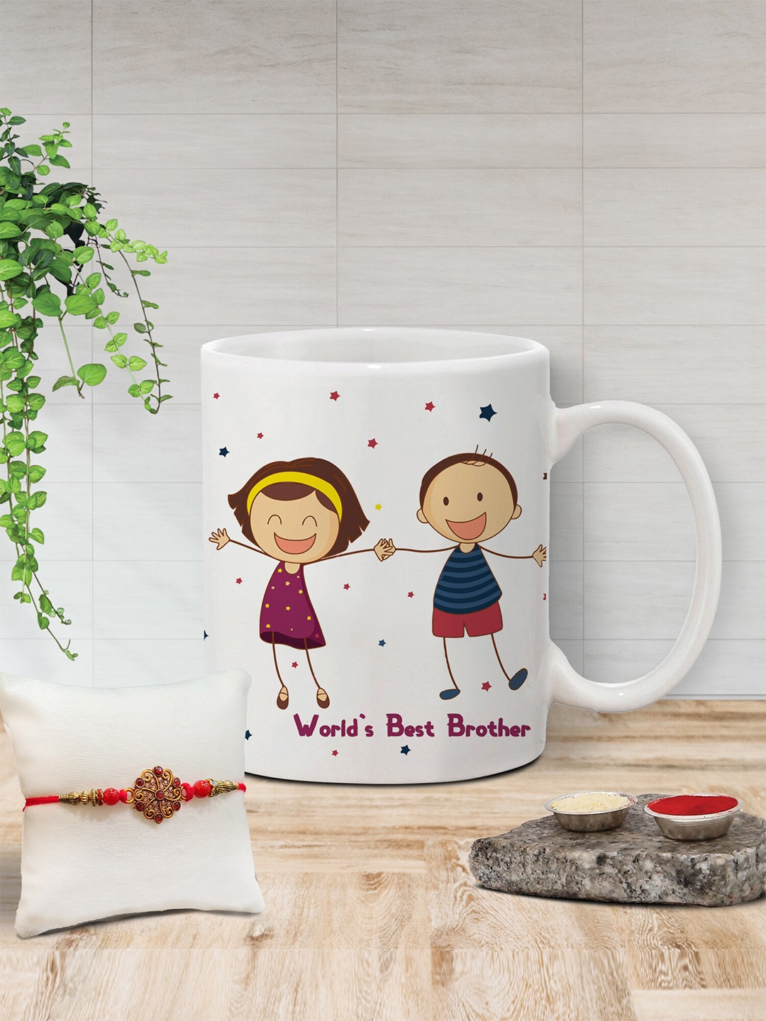 

The Purple Tree Unisex Beaded Rakhi With Printed Mug With Roli Rice, White