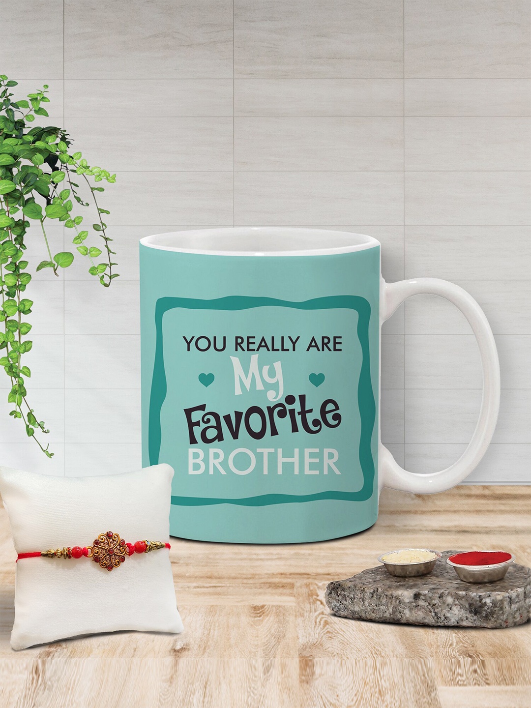 

The Purple Tree Unisex Beaded Rakhi With Printed Mug With Roli Rice, Red