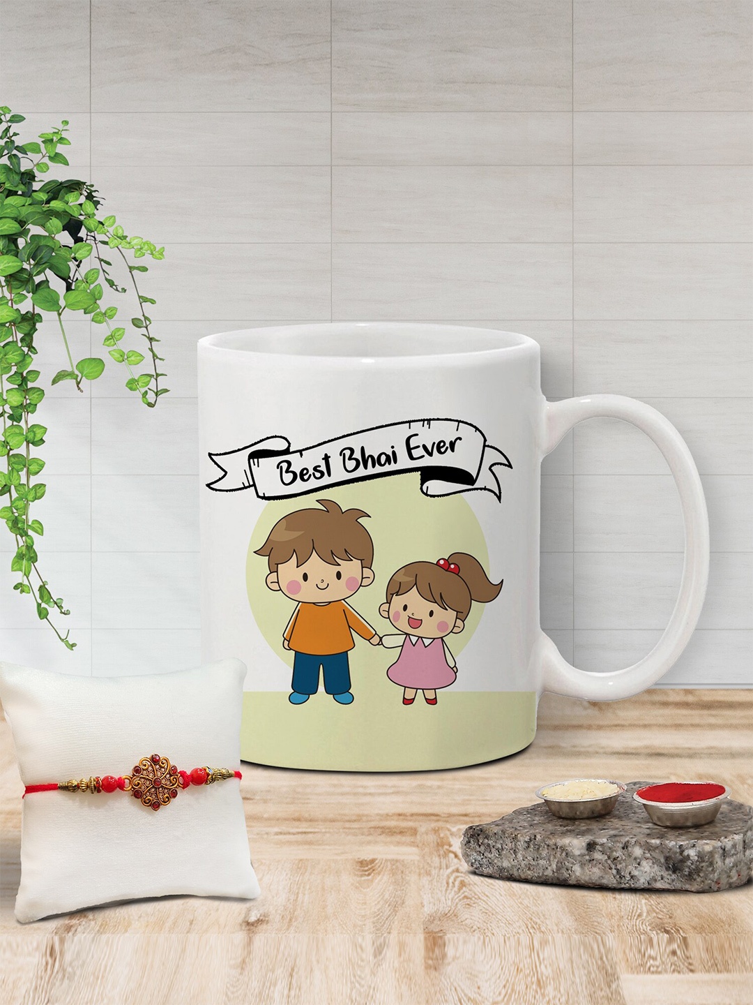 

The Purple Tree Unisex Beaded Rakhi With Printed Mug & Roli Rice, White