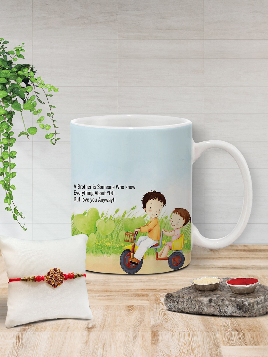 

The Purple Tree Unisex Beaded Rakhi With Printed Mug With Roli Rice, White