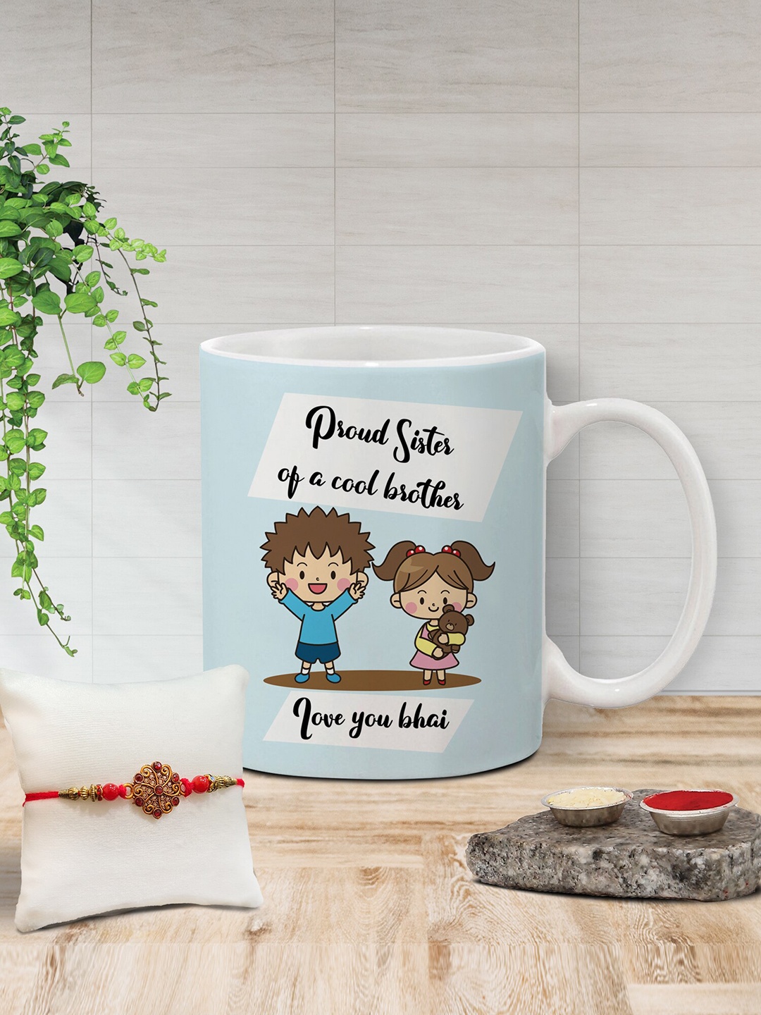 

The Purple Tree Unisex Beaded Rakhi With Printed Mug With Roli Rice, White