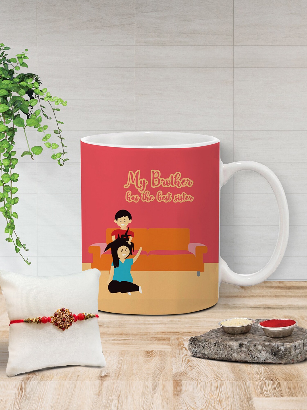 

The Purple Tree Unisex Beaded Rakhi With Printed Mug & Roli Rice, White