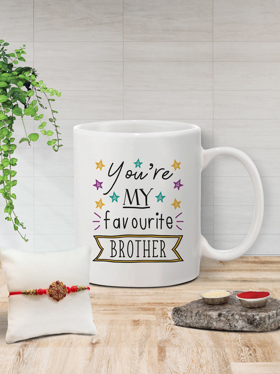 

The Purple Tree Unisex Beaded Rakhi With Printed Mug With Roli Rice, White