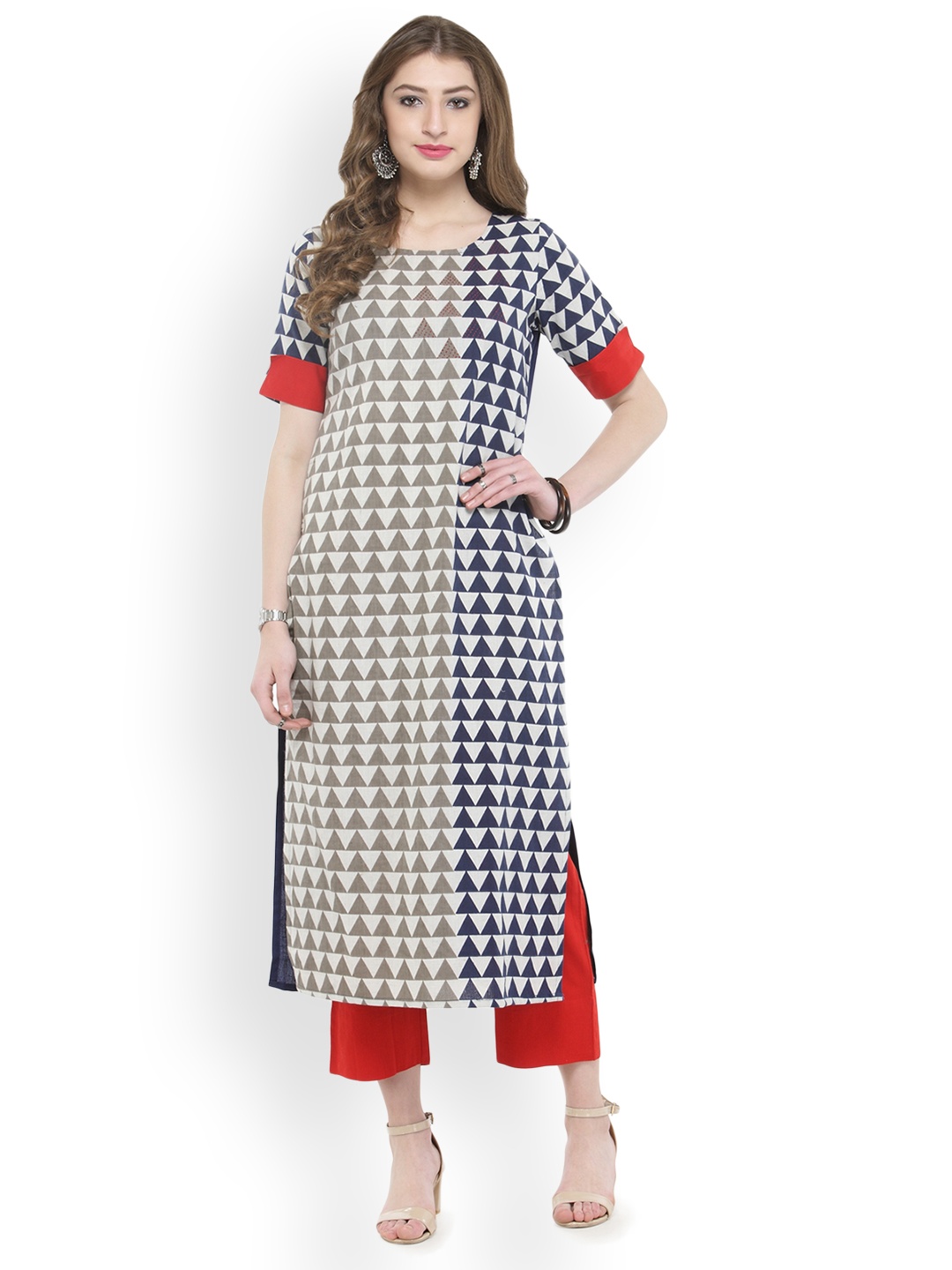 

Varanga Women White & Navy Blue Printed Straight Kurta