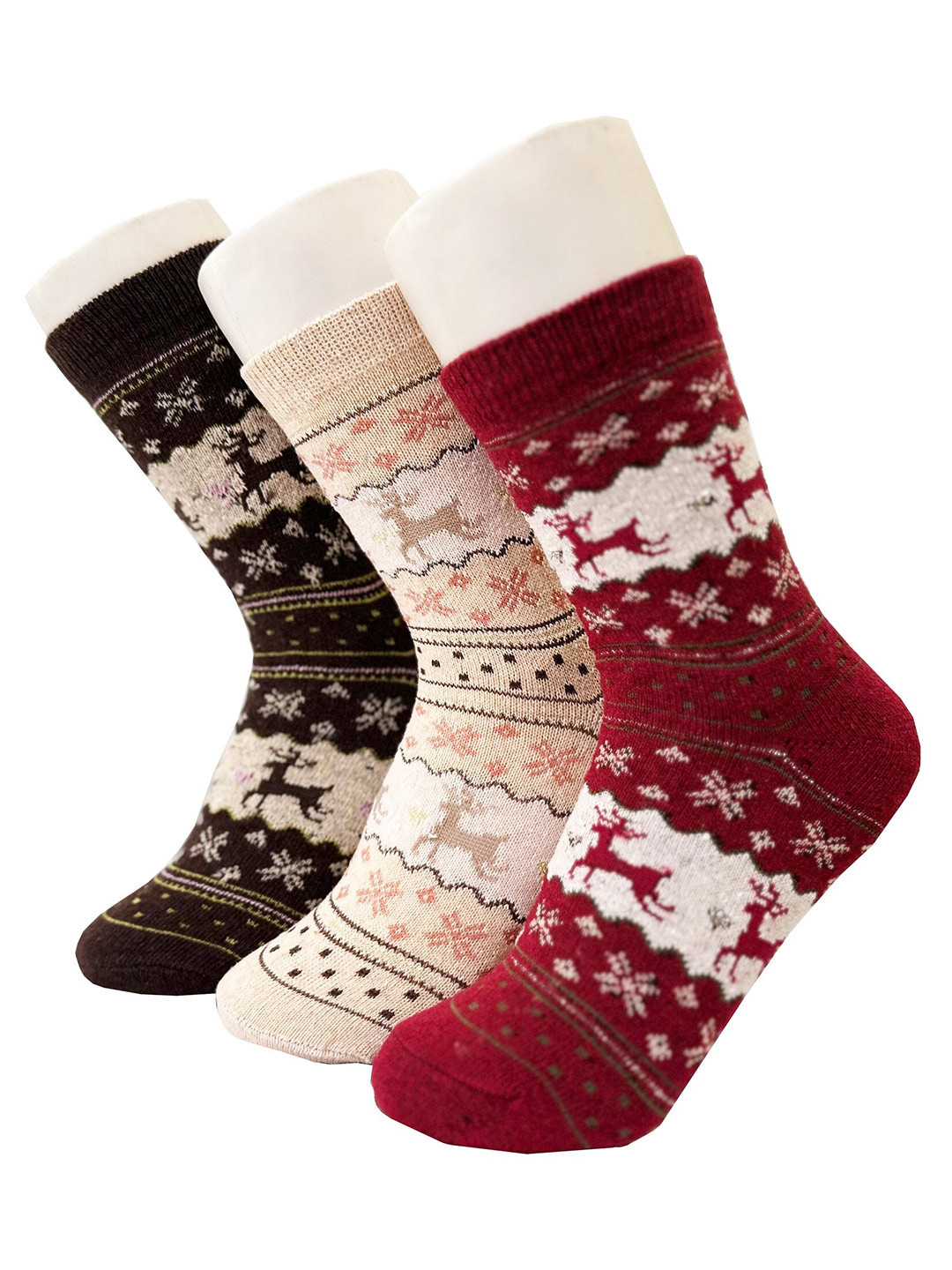 

Alexvyan Women Pack Of 3 Patterned Calf-Length Stretchable Knitted Socks, Brown