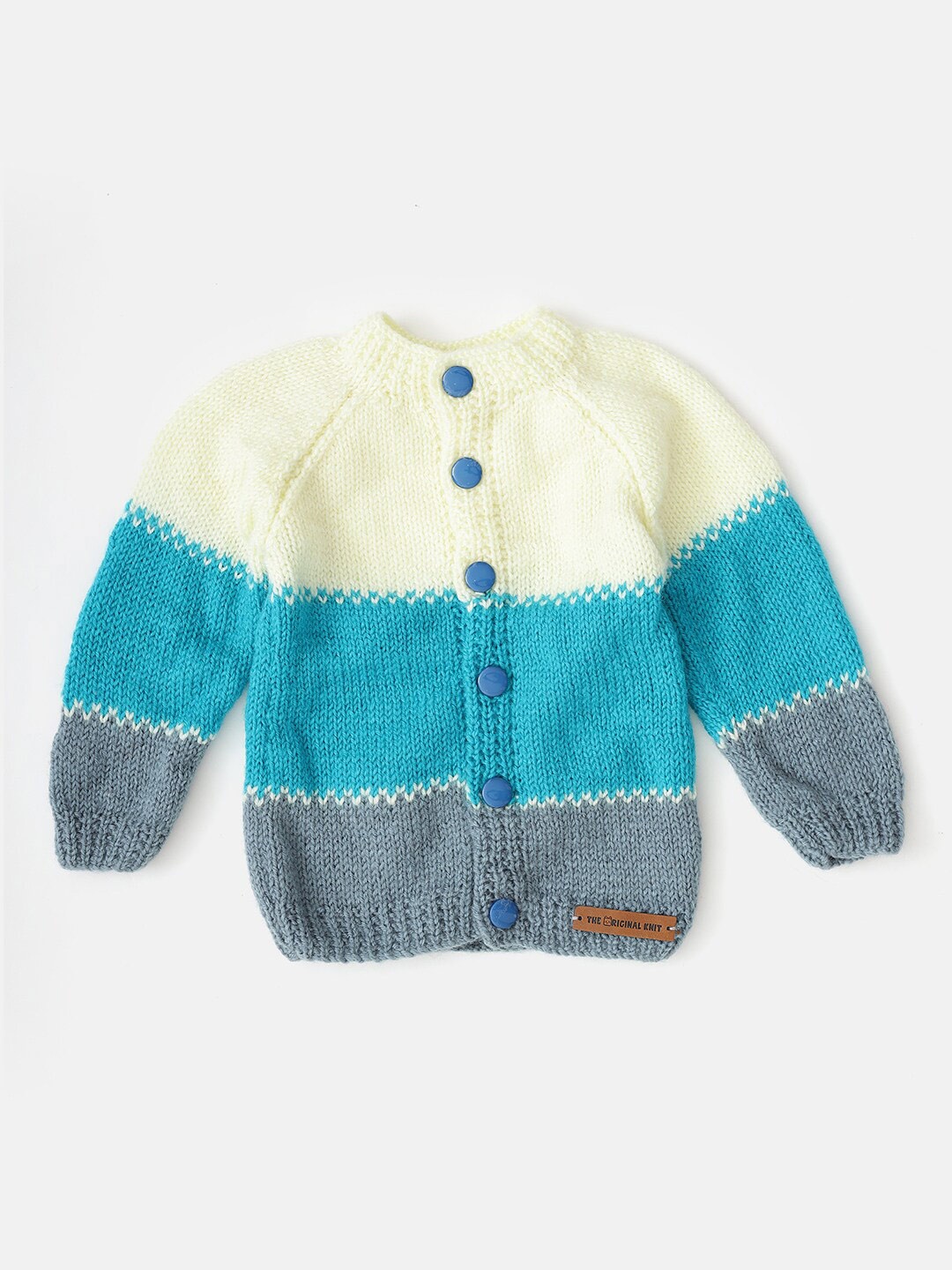 

The Original Knit Infants Round Neck Colourblocked Acrylic Cardigan, Blue