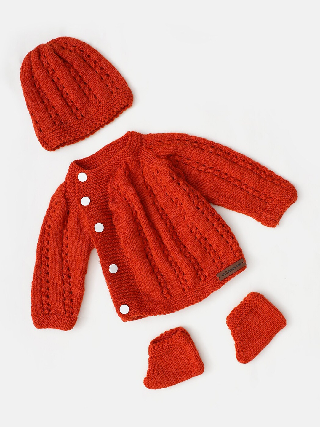 

The Original Knit Infant Kids Striped Acrylic Front Open Sweater With Beanie & Booties, Red