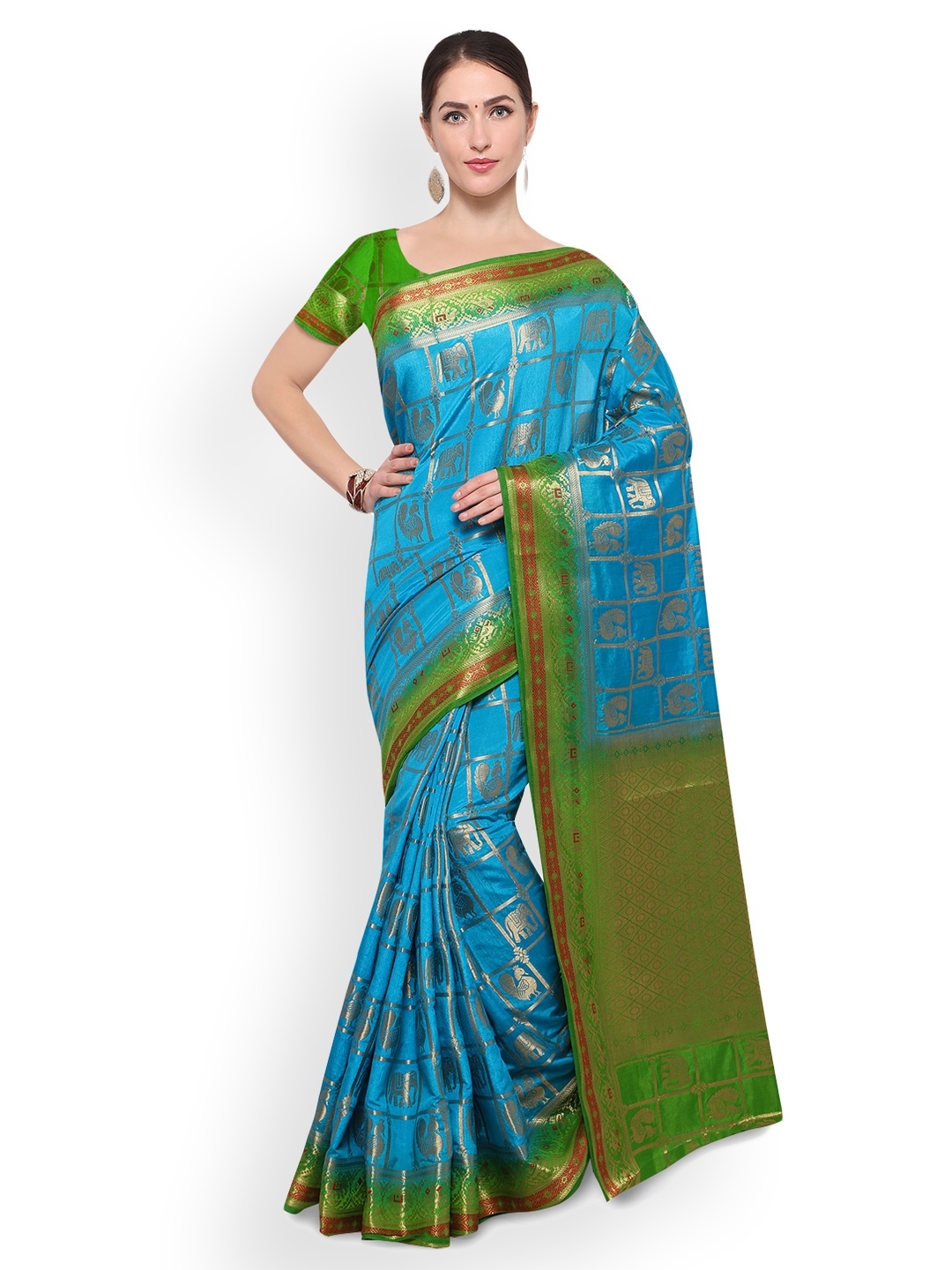 

Saree mall Green & Blue Silk Blend Woven Design Banarasi Saree