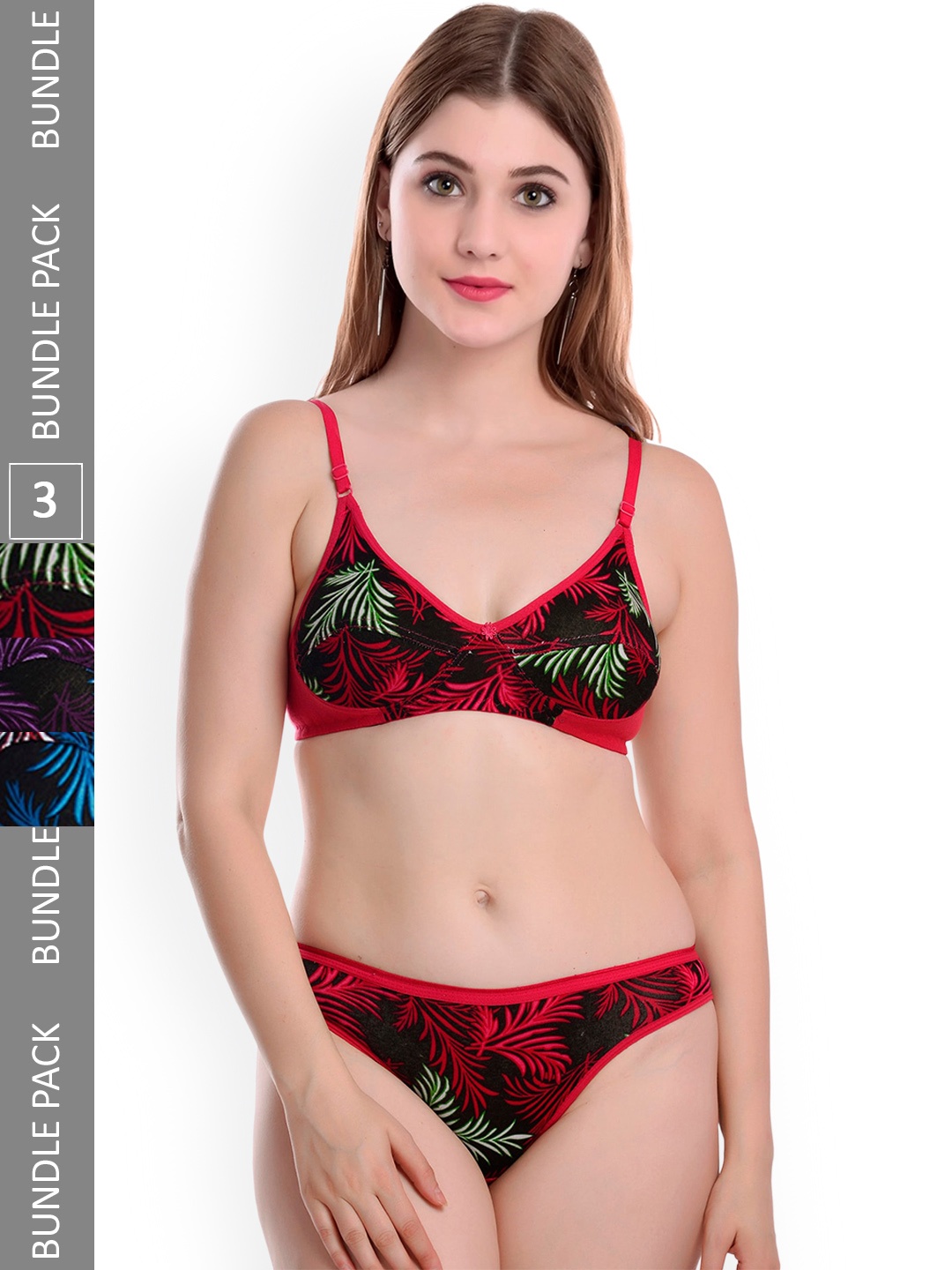

PIBU Pack Of 3 Printed Mid Rise Cotton Lingerie Set, Red