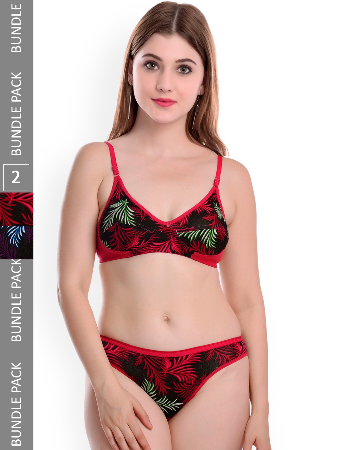 

PIBU Pack Of 2 Printed Mid Rise Cotton Lingerie Set, Red